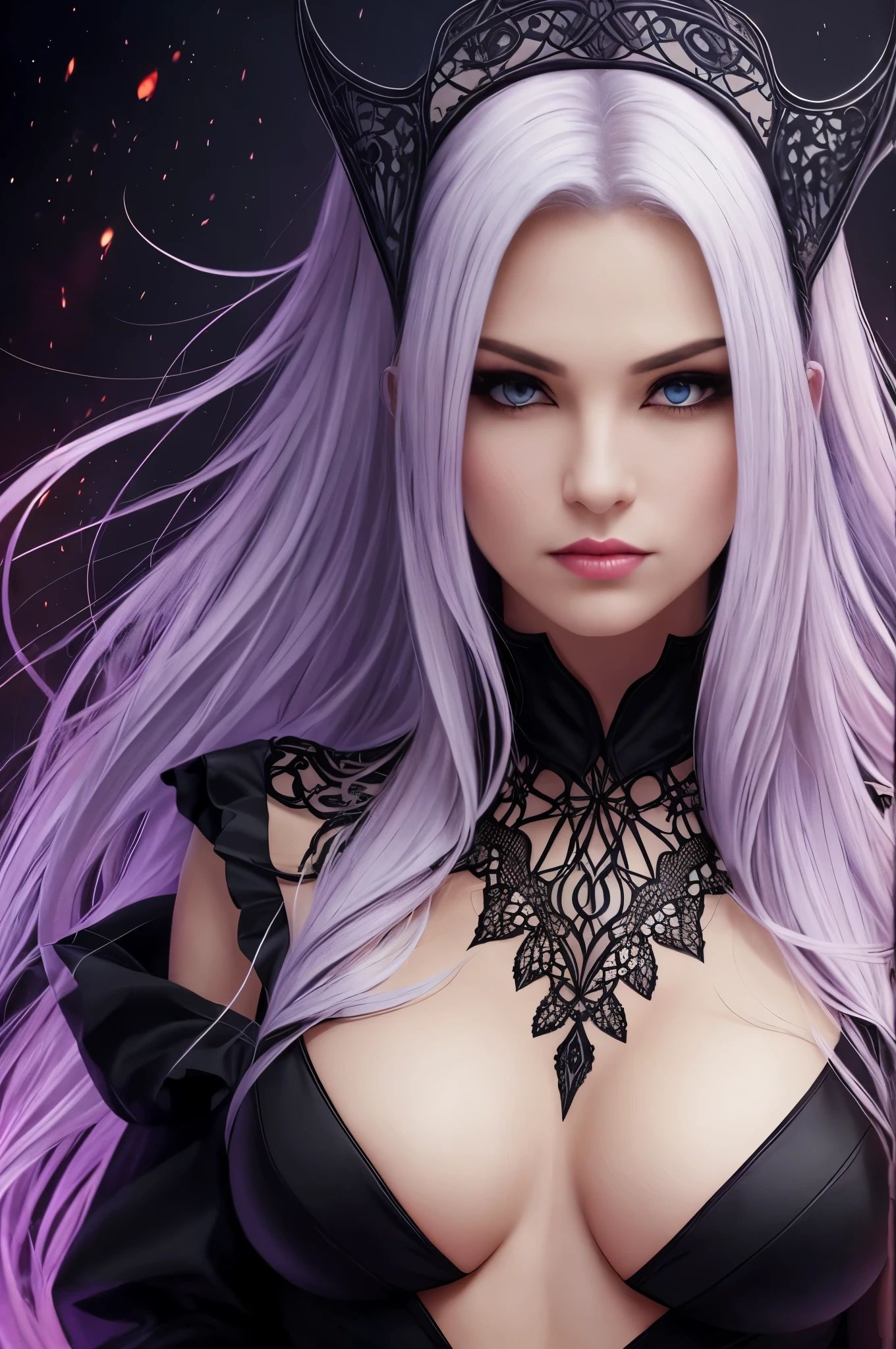 The vampire queen wears a regal, dark robe, accentuated by intricate patterns. Her white hair falls in soft curls over her shoulders, while her red eyes radiate an eerie power. Her regal look reflects a mixture of elegance and vampiric fear. --auto --s2