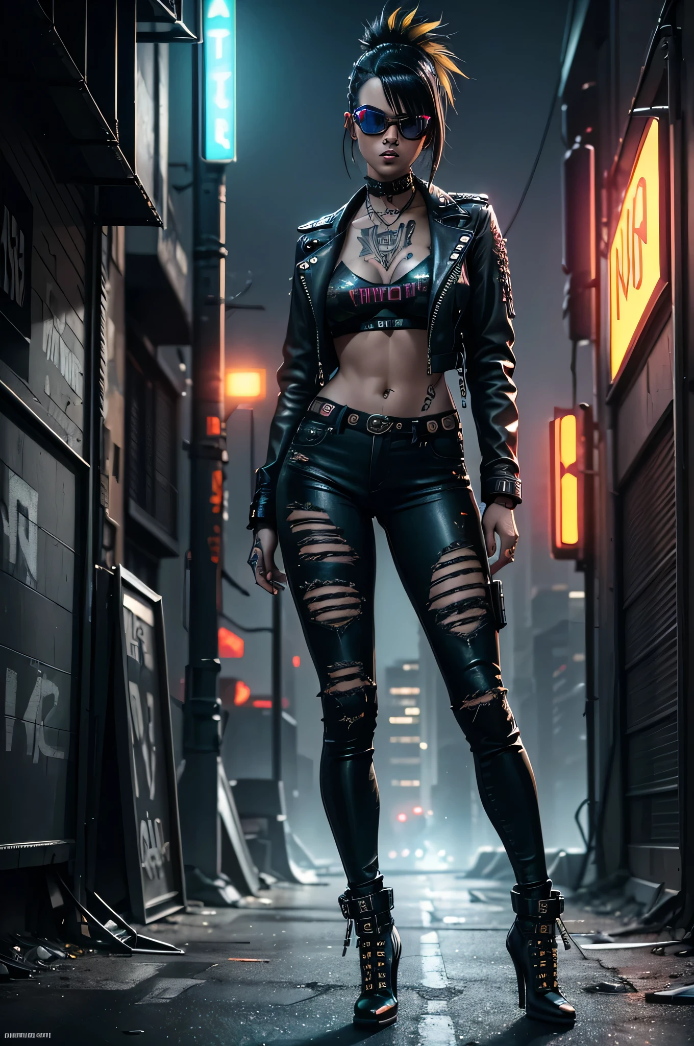 melhor qualidade, ultra-detalhado, profissional, roqueira sexy cyberpunk, Cabelos amarelos e pretos, fishnet top and camouflage bikini, tight dark jeans, cores vivas, sharp focus, Retratos, maquiagem punk, fundo futurista, luzes de neon, smoke effects, jaqueta de couro, salto alto, confident expression, paisagem urbana, estilo ousado, Dynamic Posture, urban backdrop, energetic atmosphere, texturas arenosas, cyber enhancements, tatuagens brilhantes, olhar intenso, Electric guitar, atitude rebelde, Escuro e mal-humorado, ruas iluminadas por neon, stylish sunglasses, metal accessories, Estilo de arte digital, Bold and dramatic, dystopian vibrations, powerful presence, feroz e sexy, moda urbana, Energy lighting.