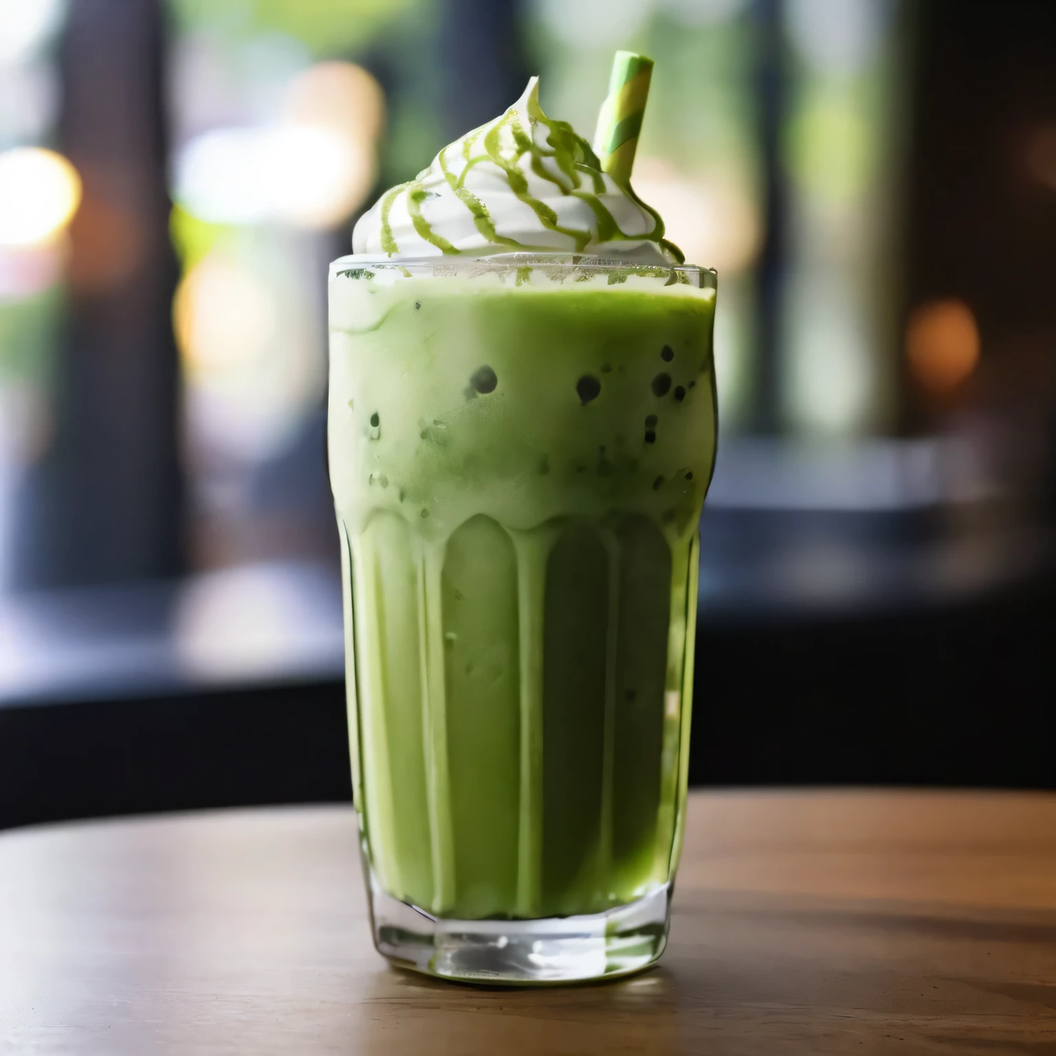 there a green drink with whipped cream and a straw in it, loputyn and matcha, full of greenish liquid, green tea, colored milk tea, beautiful green liquid, avacado dream, 🍸🍋, shot on leica sl2, green, high quality image, green mist, some green, its name greeny, healthy, #green