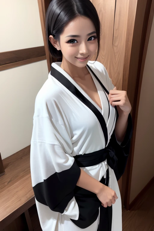 girl standing in ryokan room,cherry blossom floral white long-sleeved hakama top,white loincloth,no panties,18-year-old,bangs,a little smile,thighs,knees,straight hair with barrette with red bow,from below,front-light