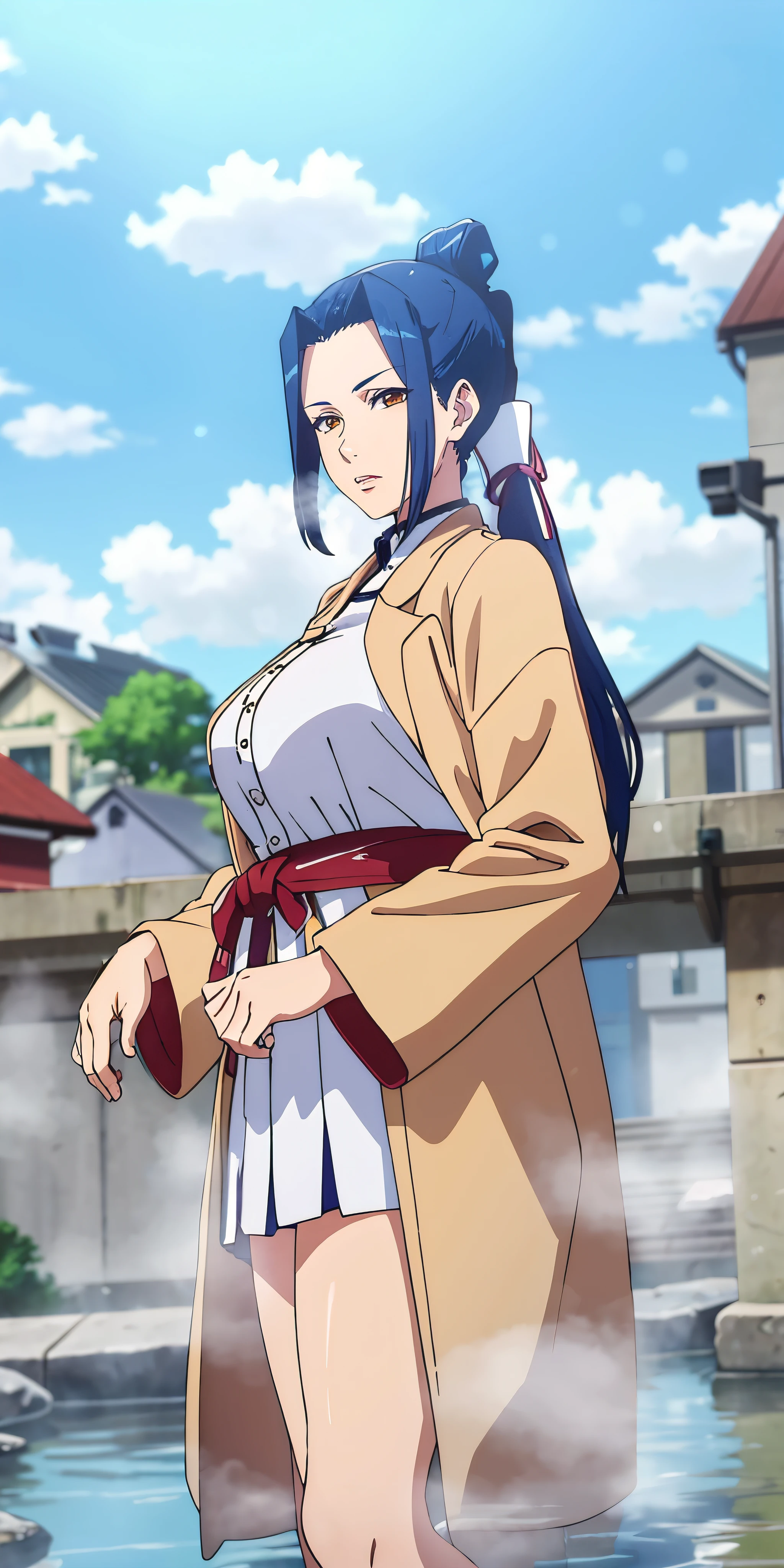 blue hair, ponytail, brown eyes, breasts, epic art, fantasy, breasts, solo, "long shot scenic professional photograph of {prompt}, perfect viewpoint, highly detailed, wide-angle lens, hyper realistic, with dramatic sky, polarizing filter, natural lighting, vivid colors, everything in sharp focus, HDR, UHD, 64K", anime coloring, anime screencap, sweating, steaming body, fog, narrow waist, huge breast, brown coat, open coat, white t-shirt, miniskirt, geta, standing, outdoors, dusk, reflection water,
