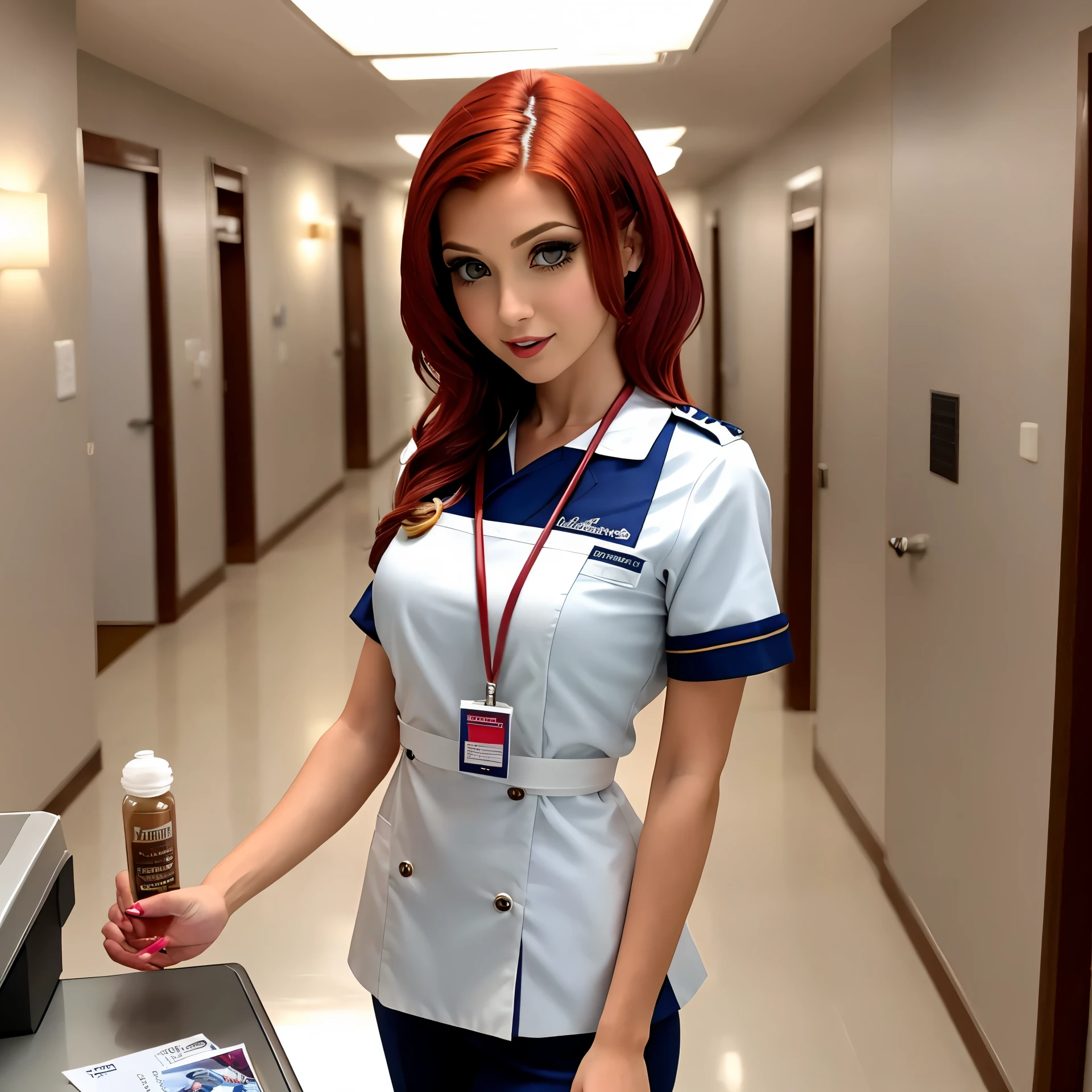 Descreva uma cena encantadora de uma mulher ruiva, com cabelos flamejantes, dressed in an impeccable nurse uniform. She standing in a hospital, banhada pela luz suave que ilumina a sala. Your expression gentle and comforting, enquanto ela cuidadosamente verifica os sinais vitais de um paciente, conveying a sense of trust and professionalism. Detalhe sua postura graciosa, os tons quentes de sua pele contrastando com a cor branca do uniforme, creating an image that inspires confidence and compassion --self --s2