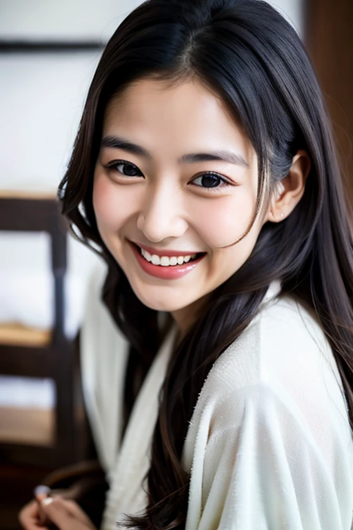 masterpiece,best quality,(Japanese ),((Beautiful girl)),cleavage,indoor,(perfect body beauty:1.2),(shy smile),beautiful teeth,