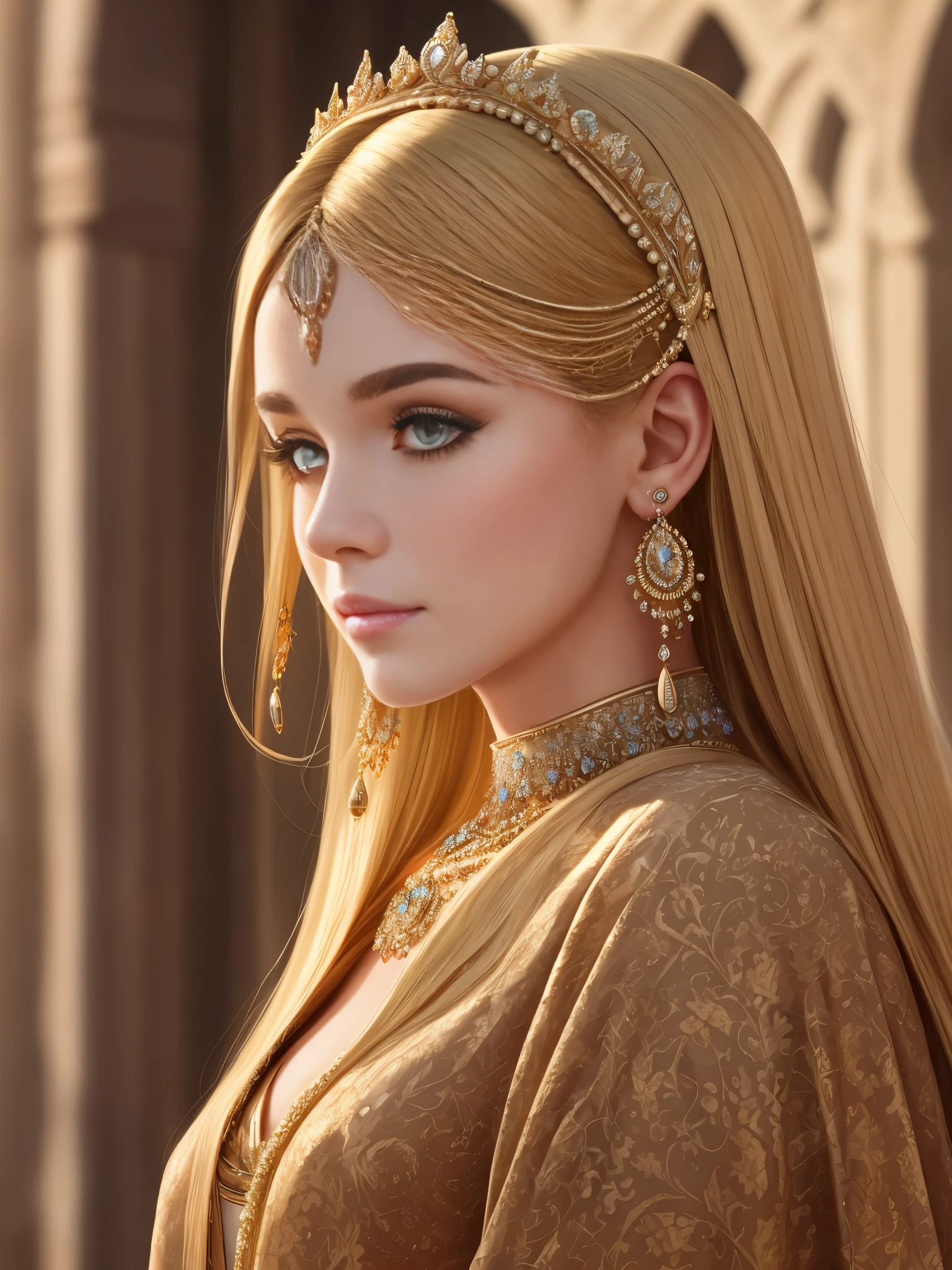 the queen of the Middle Ages, in a closed angle, blond hair, tanned skin, front view, ultra realistic, photographic, cinematic, 8k, --auto --s2