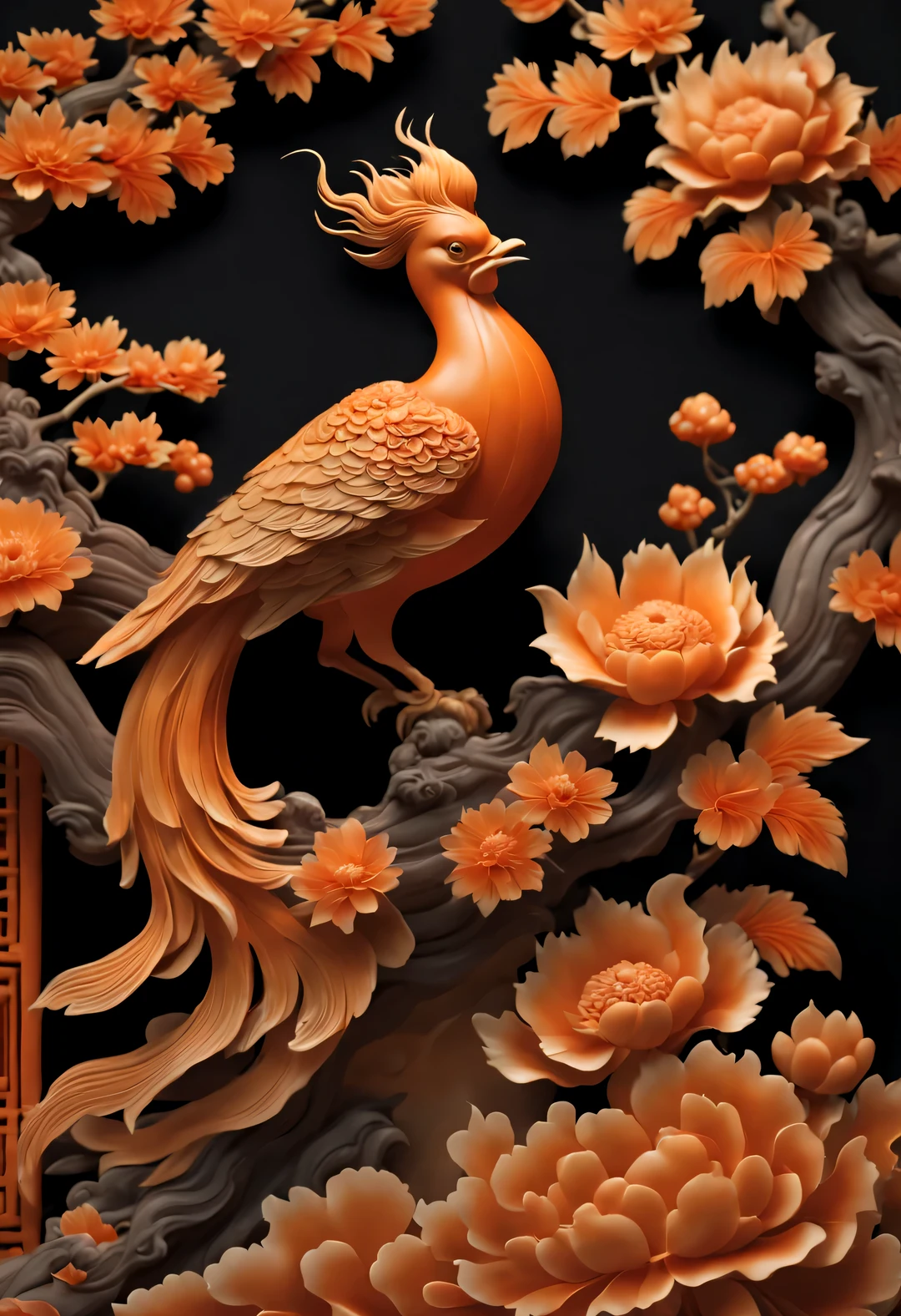 (Pumpkin carving, phoenix and peony ornaments），（whole body），Chinese flower and bird landscape，Pavilion on the ground，16k，orange，console， and honest，Super complex craftsmanship and details，With auspicious patternlowers、Various decorative themes such as bird pressure yearning for happiness, longevity and wealth、Wish you good luck and peace，Exquisite and complex content，embody magnificence，background：Black solid wood table close-up, rotating, RococoStyle, classicism, chiaroscuro, depth of field, ultra high definition, masterpiece, precise, Super details, high detail, high quality, Award-winning, best quality, high resolution, 16k，