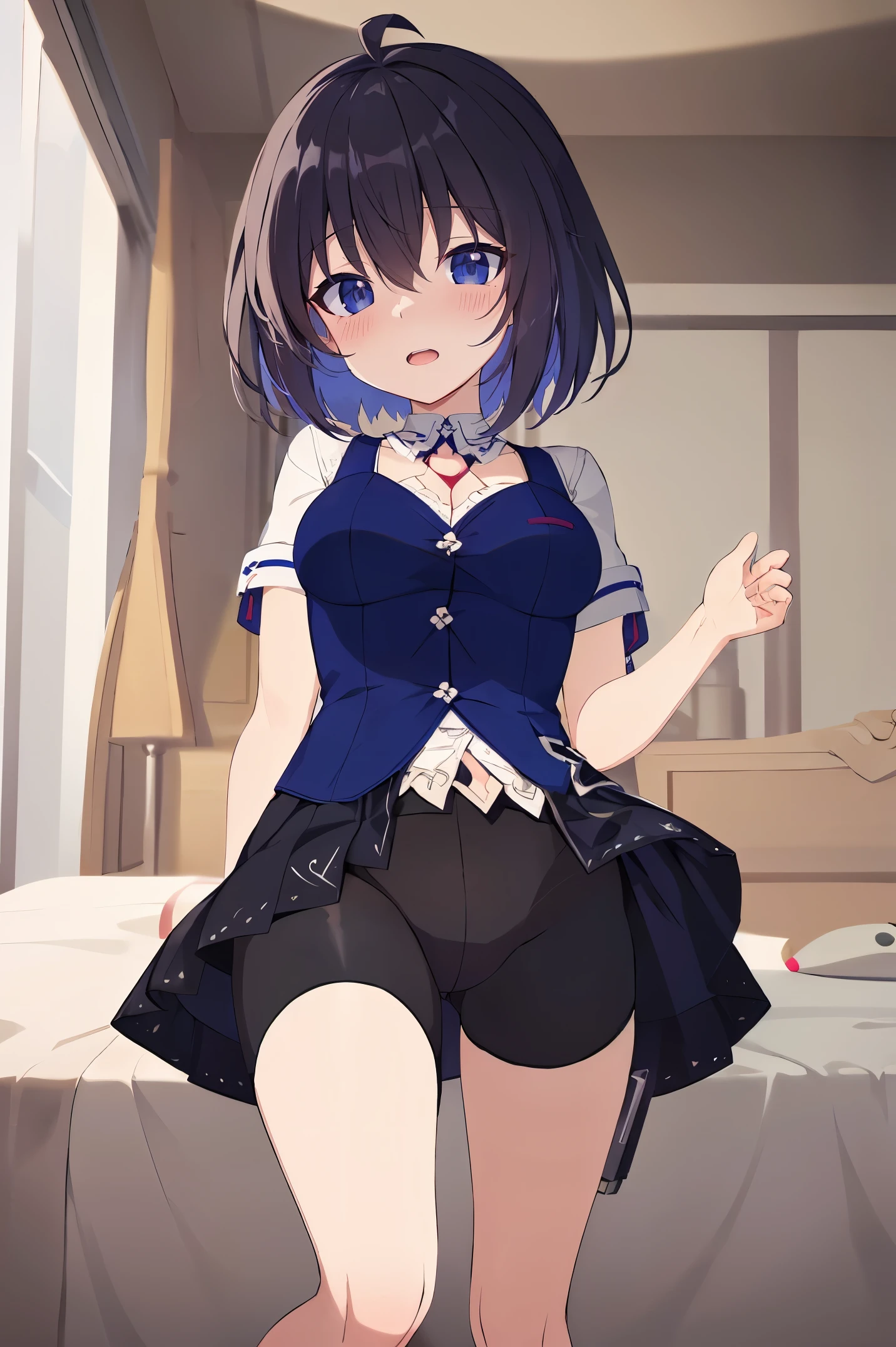 1 girl, best quality, ultra high res, ahoge, Seele Vollerei, looking at viewers, medium breast, standing, smile, open mouth, azure memories, short sleeves, Bike Shorts, bedroom, white bed sheets, pov,