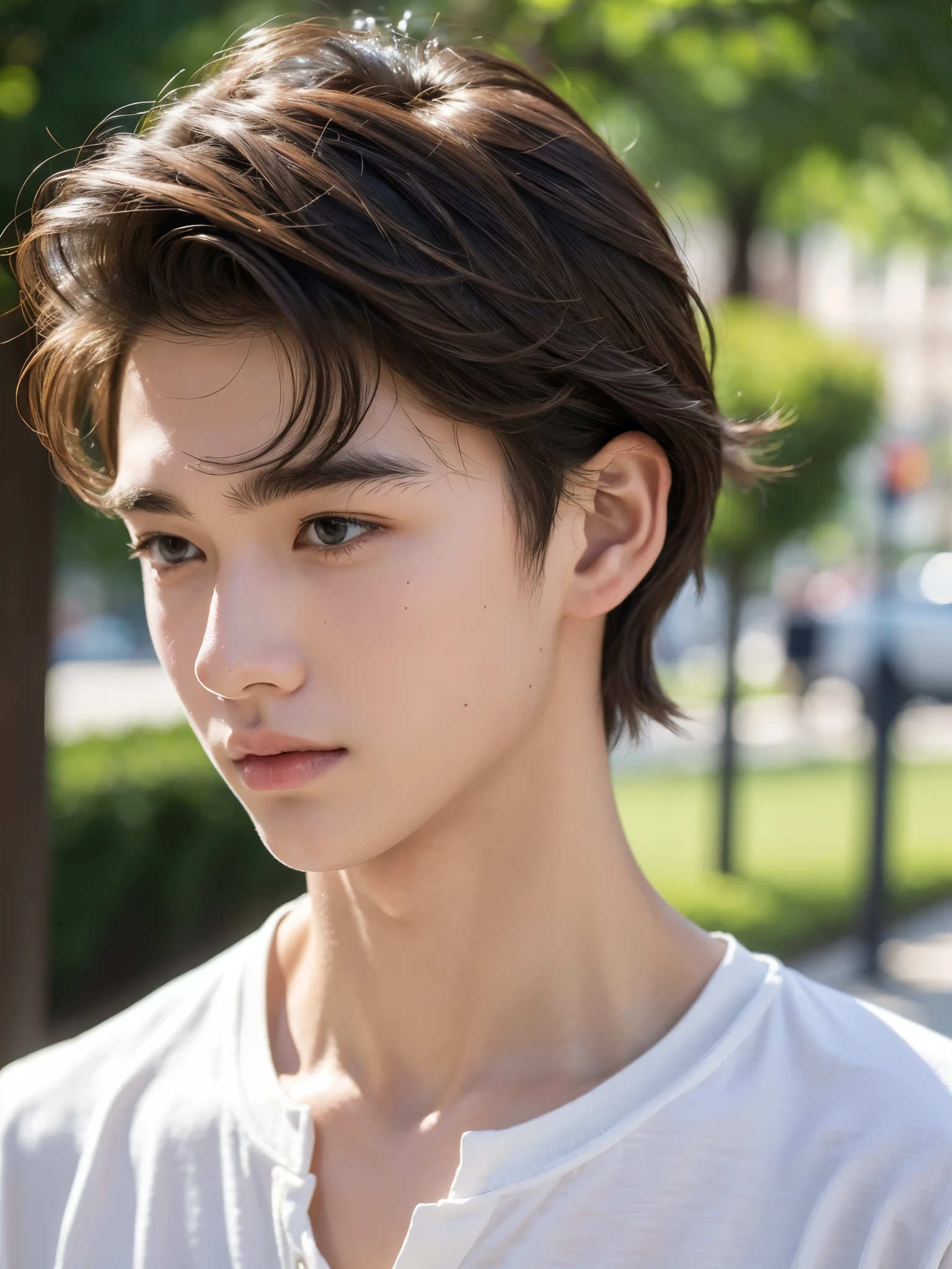 boy, ** y.o, handsome, semi-caucasian face, comma hair, city park