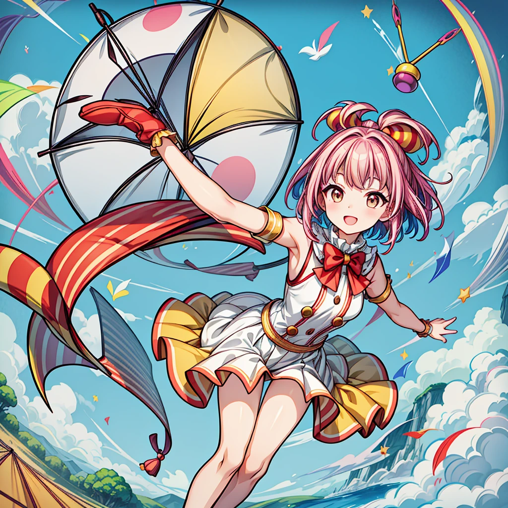 masterpiece, High-quality, High-resolution, Anime-style, Colorful, Low-angle, Full-body, Front-facing, Cute girl clown, Bright lighting, Umbrella, Acrobatic pose, Painted face, Smiling, Bob cut hairstyle, Colorful hair, Circus outfit, Large eyes, Smile, Colorful eye, Smooth skin texture, Normal skin exposure, Normal bust size, Young age, Petite body type, Cute, No accessories, Umbrella as an item, Circus shoes, No embroidery, Circus tent location, Colorful landscape background, Highlighting effects for clown performance, Circus tent structure, Wind as a natural element, Clear weather, Daytime, Carnival atmosphere, (The background is rich and delicate),