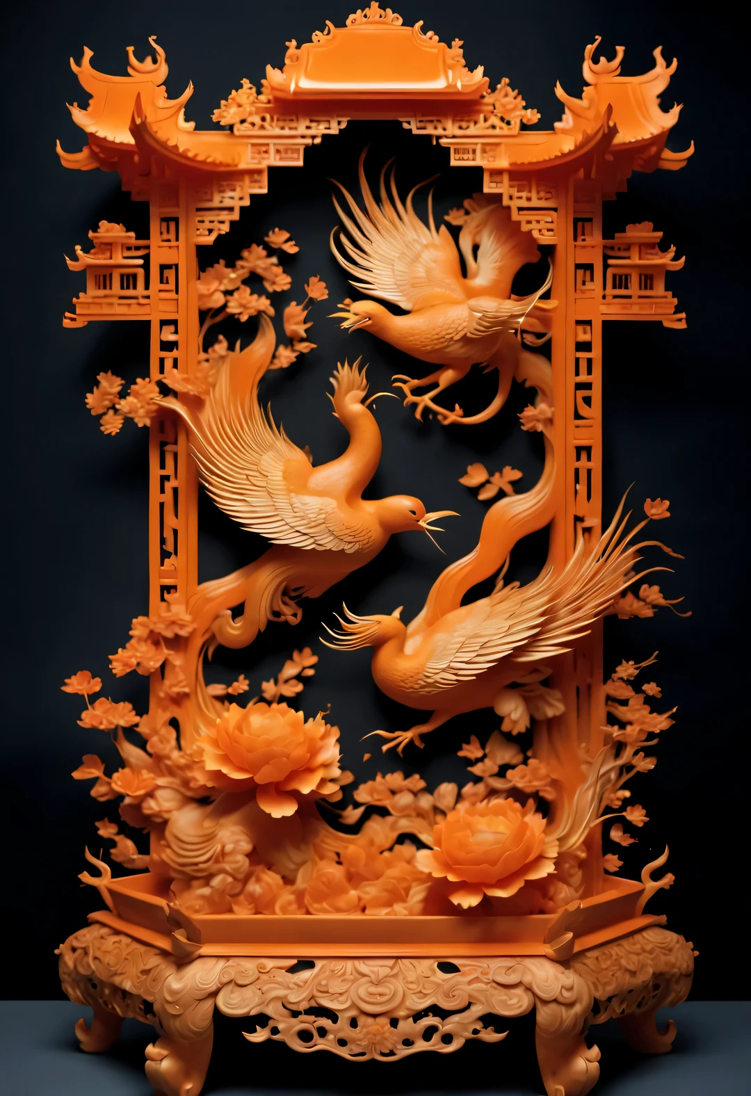 (Pumpkin carved phoenix and peony food decoration），（whole body），Chinese flower and bird landscape，Pavilion on the ground，16k，orange，console， and honest，Super complex craftsmanship and details，With auspicious patternlowers、Various decorative themes such as bird pressure yearning for happiness, longevity and wealth、Wish you good luck and peace，Exquisite and complex content，embody magnificence，background：Black wooden table close-up, rotating, RococoStyle, classicism, chiaroscuro, depth of field, ultra high definition, masterpiece, precise, Super details, high detail, high quality, Award-winning, best quality, high resolution, 16k，