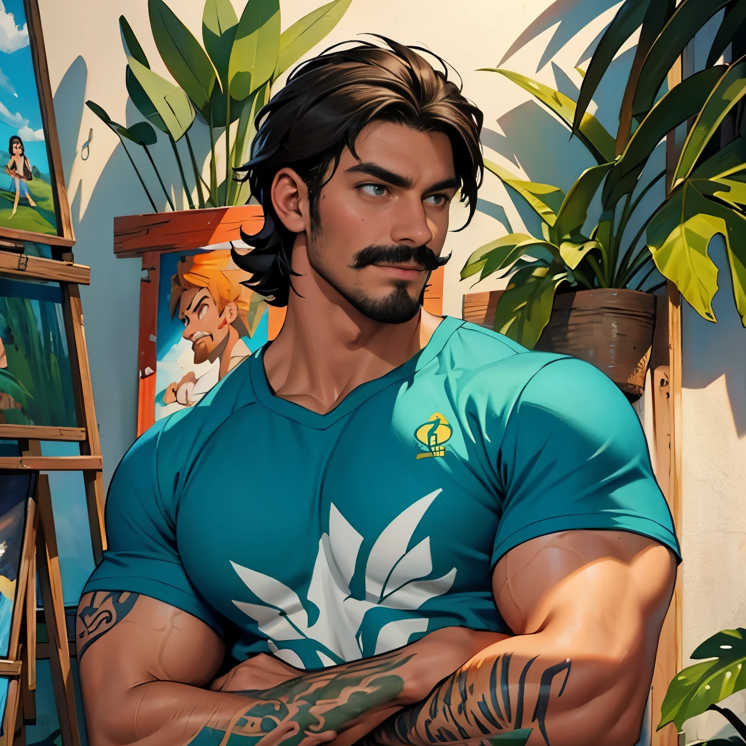 crie um Poster de filme ao estilo Pixar, In him I want a man with an athletic body, pele marrom clara e cabelos bem curto quase raspado, This man  Latino and wears a charming mustache, ele tem olhos castanho claro quase amarelos, usa uma camiseta regata branca e uma bermuda da cor verde musgo. 
He has an angel tattoo on his right arm.
The setting  a painting studio, with various canvases and paints scattered around the place.