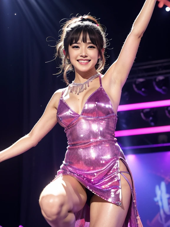 master piece、Ultra high resolution photo quality、cinematic camera work、Video of the entire stage、long shot、modern japanese strip theater、Asakusa Rock Theatre、wide stage、wide seat、Mayu Minami、Mature、droopy eyes、familiarity、very beautiful Japanese female dancer、athlete、very sexy、Very long and beautiful strong arms and legs and beautiful abs、Her fine skin is very beautiful、Sweat、beautiful bright smile、healthy、kind、Noble、refinement、kind、mild、raise one leg、active pose、yoga、gorgeous beautiful dress、Beautiful stage costumes、Dramatic and gorgeous beautiful lighting、Spotlight、Laser beam、smoke effect、clear acoustics、round table stage、body chain、