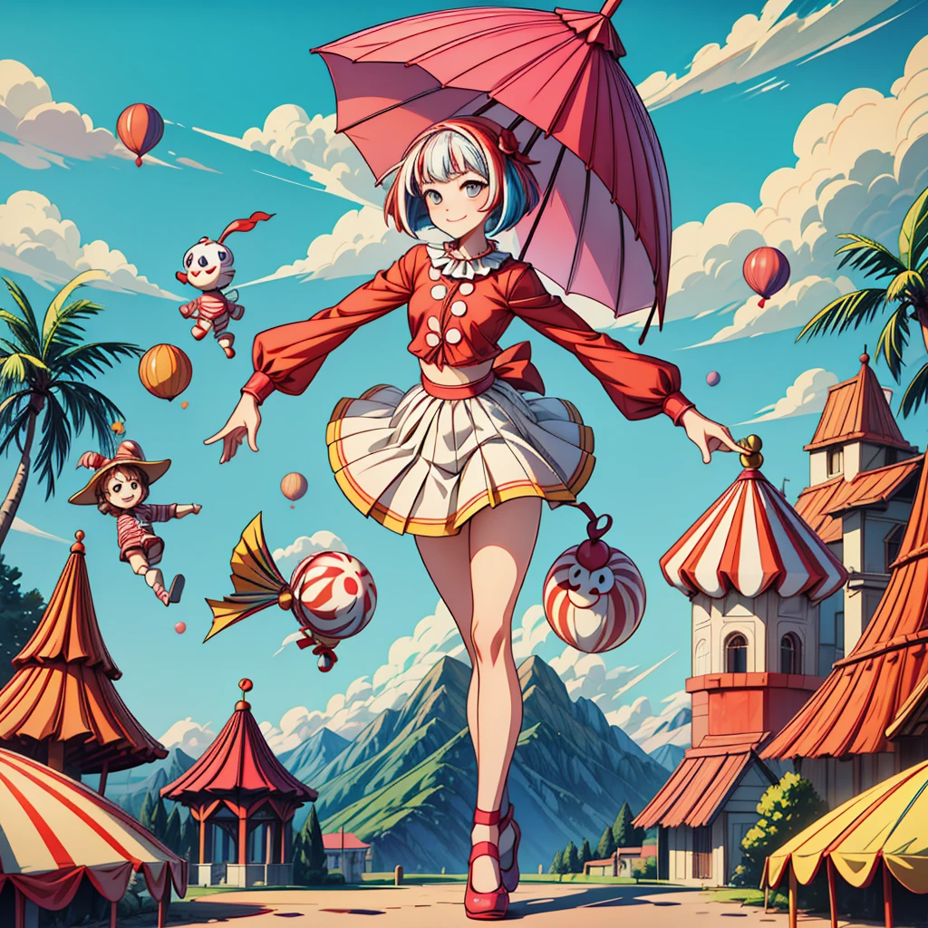 masterpiece, High-quality, High-resolution, Anime-style, Colorful, Low-angle, Full-body, Front-facing, Cute girl clown, Bright lighting, Umbrella, Acrobatic pose, Painted face, Smiling, Bob cut hairstyle, Colorful hair, Circus outfit, Large eyes, Smile, Colorful eye, Smooth skin texture, Normal skin exposure, Normal bust size, Young age, Petite body type, Cute, No accessories, Umbrella as an item, Circus shoes, No embroidery, Circus tent location, Colorful landscape background, Highlighting effects for clown performance, Circus tent structure, Wind as a natural element, Clear weather, Daytime, Carnival atmosphere, (The background is rich and delicate),