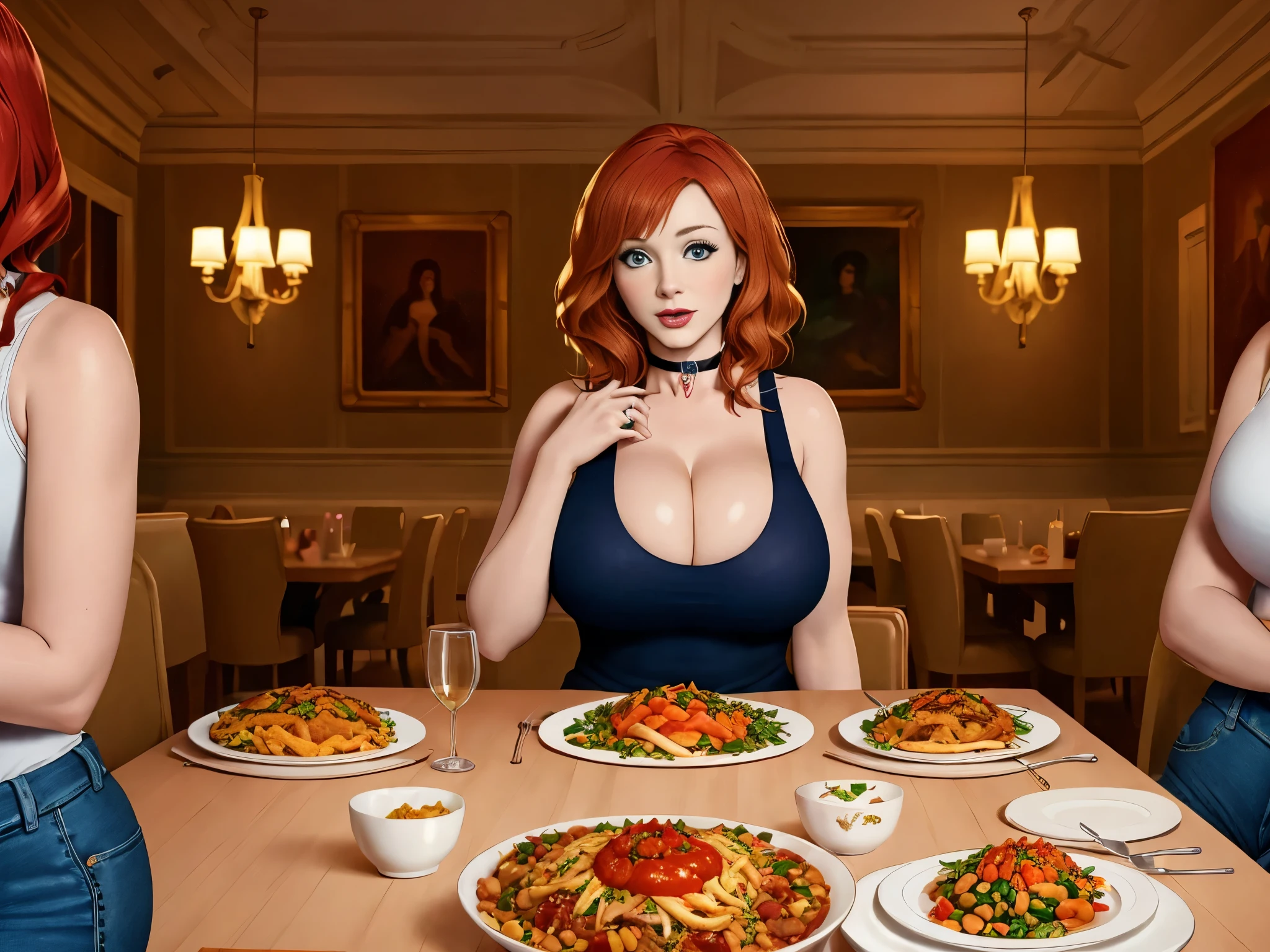 Christina Hendricks, masterpiece quality, sitting at dinner table, lots of food on table, in dining room, wearing white tank top, wearing blue jeans, wearing choker collar, 