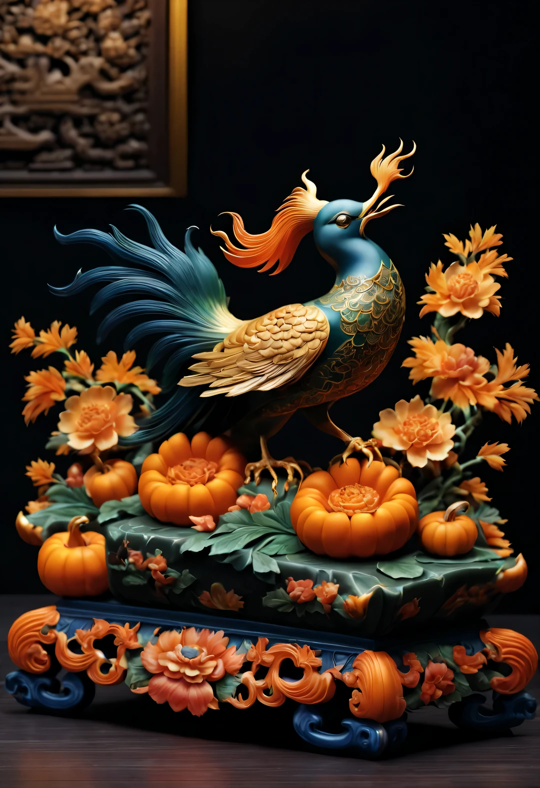 (Pumpkin carving phoenix peony food decoration picture on dining table），（whole body），Chinese flower and bird landscape，Pavilion on the ground，16k，orange，console， and honest，Super complex craftsmanship and details，With auspicious patternlowers、Various decorative themes such as bird pressure yearning for happiness, longevity and wealth、Wish you good luck and peace，Exquisite and complex content，embody magnificence，background：Black wooden table close-up, rotating, RococoStyle, classicism, chiaroscuro, depth of field, ultra high definition, masterpiece, precise, Super details, high detail, high quality, Award-winning, best quality, high resolution, 16k，