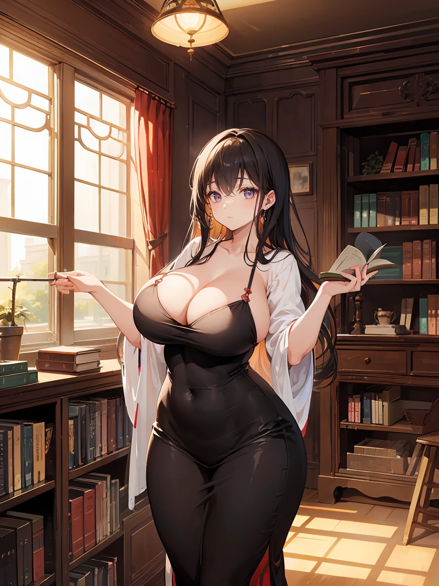 1girl, big breasts, curvy figures, library, red eyes, cozy atmosphere, vintage aesthetics, soft colors, warm sunlight, majestic bookshelves, stacks of books, sunlit windows, antique lamp (masterpiece), high res