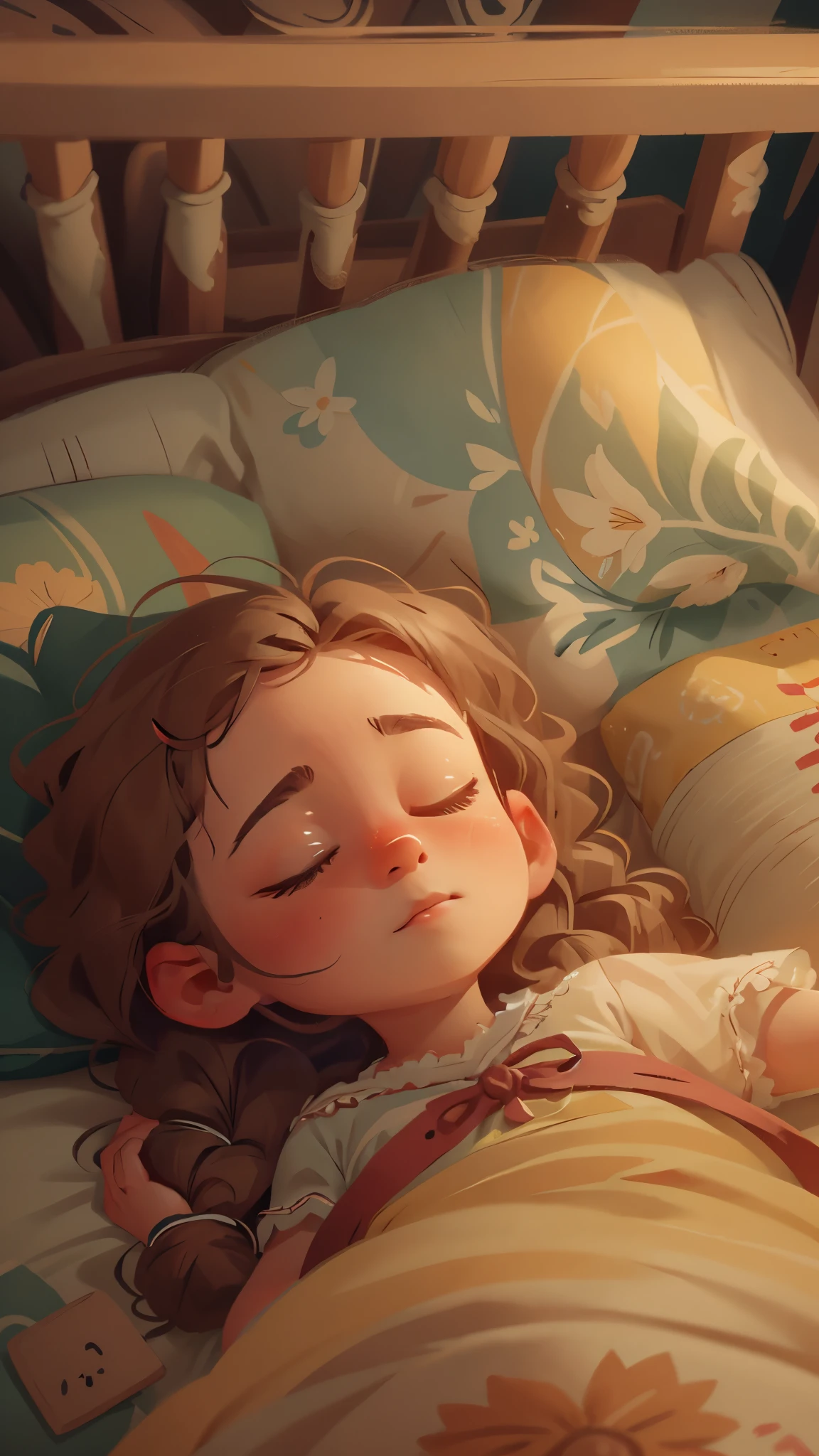 The little girl lay asleep on the bed,goodnight,Sweet dreams,very cute,close up,Pixar cinematic style, best quality, movie stills,