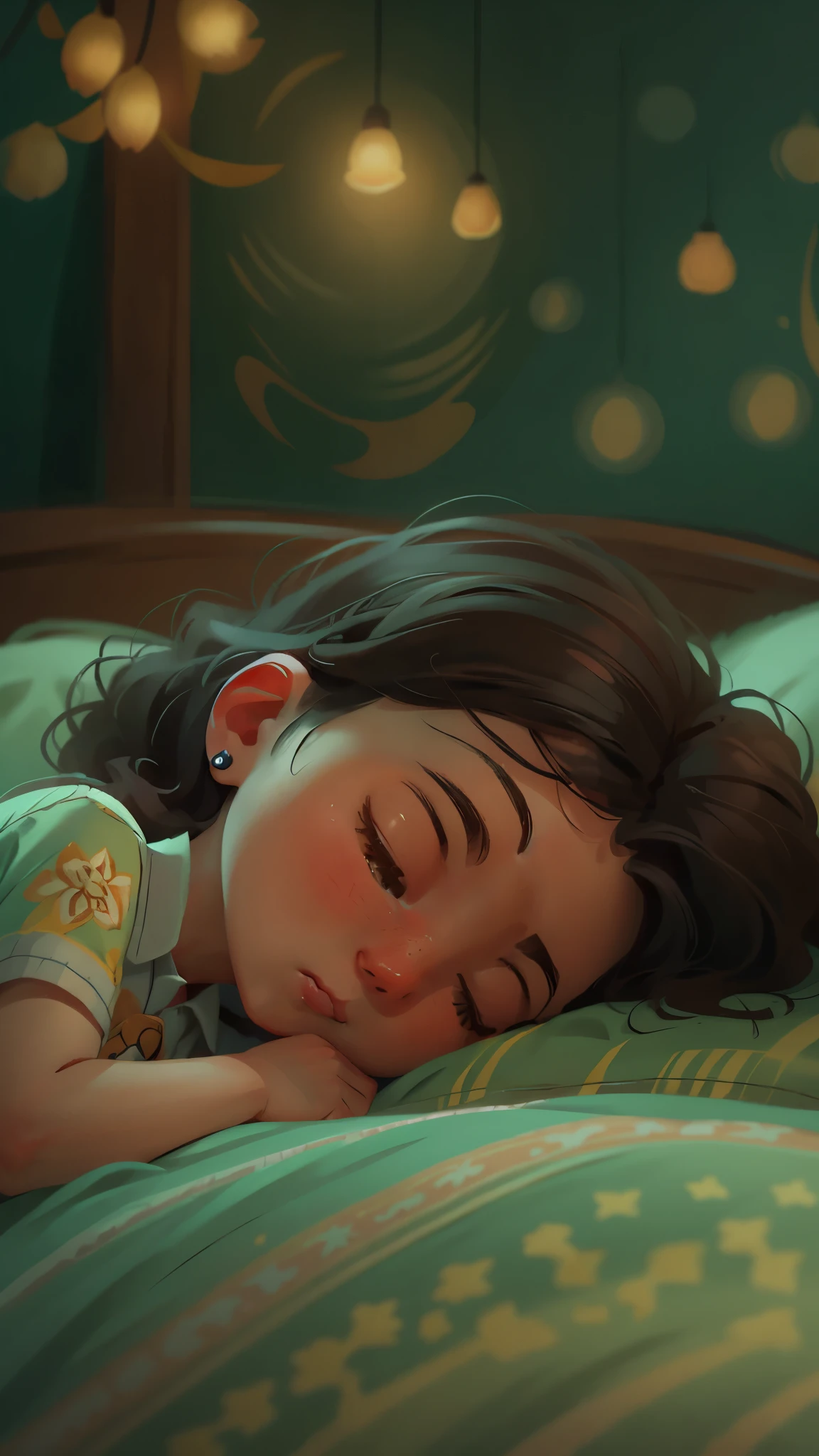 The girl lay asleep on the bed,goodnight,Sweet dreams,very cute,close up,Pixar cinematic style, best quality, movie stills,