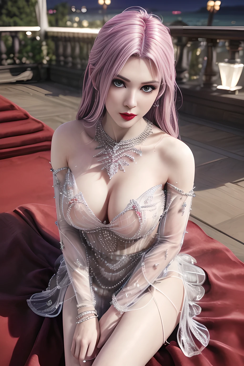 First-person perspective,1 girl,Alice,kaleidoscope art,(Wearing an ice crystal embellished dress:1.5),(Rose),go downstairs,jewelry,tattoo,at night, full_moon,(((red lips))), Lips slightly open, lustful smile, lustful, (((Sexy poses))),clavicle,charming figure,Charming cleavage,((8k, original photo, top quality, masterpiece), HD RAW color photos professional close-up photos, (actual, photorealism: 1.37), (best quality), (best shade),  ((erotic, Sexy, ultra high resolution, HD CG unified 8K wallpaper, Physically based rendering, movie lighting),