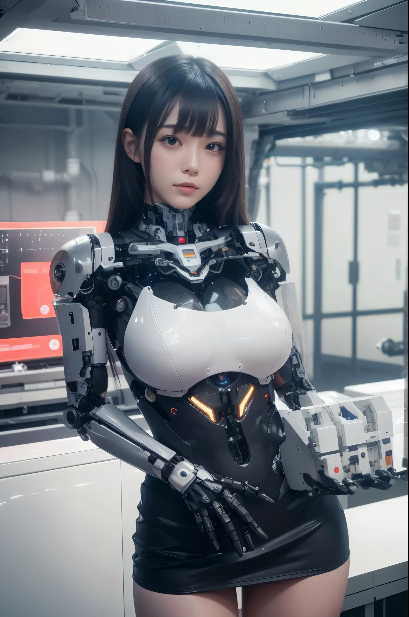 masterpiece, best quality, extremely detailed, hight resolution, 超A high resolution:1.1, (masutepiece, Realistic, Photorealsitic:1.1),8k portrait, Japaese android Girl,Plump,single eyelid,announcer,control panels,android,Droid,Mechanical Hand, Robot arms and legs, Black hair,Mechanical body,Blunt bangs,perfect mechanical abdomen,White robotics parts,perfect robot woman,cyberpank costume,She is powered by electricity,future laboratory,perfect plastic body,perfect mechanical body,black sponge joints,The removable cover is on the groin,The connection port is on the groin,opened chest panel,access panel on the chest,opened breast panel,perfect mechanical breast,machine body,white robot body,ceramic breast,perfect plastic breast,She has been assembled by robotarm,assembly plant,miniskirt,pleated skirt,boots,perfect future costume,perfect mechanical bodycover,separate booth,She has storaged in the booth,perfect machine body,perfect cyborg girl,