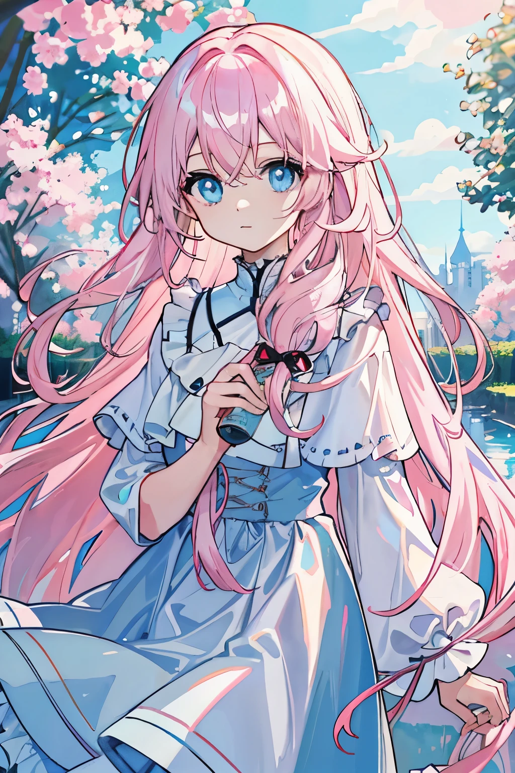 Long light pink slightly curly hair,light blue eyearmer,idyllic