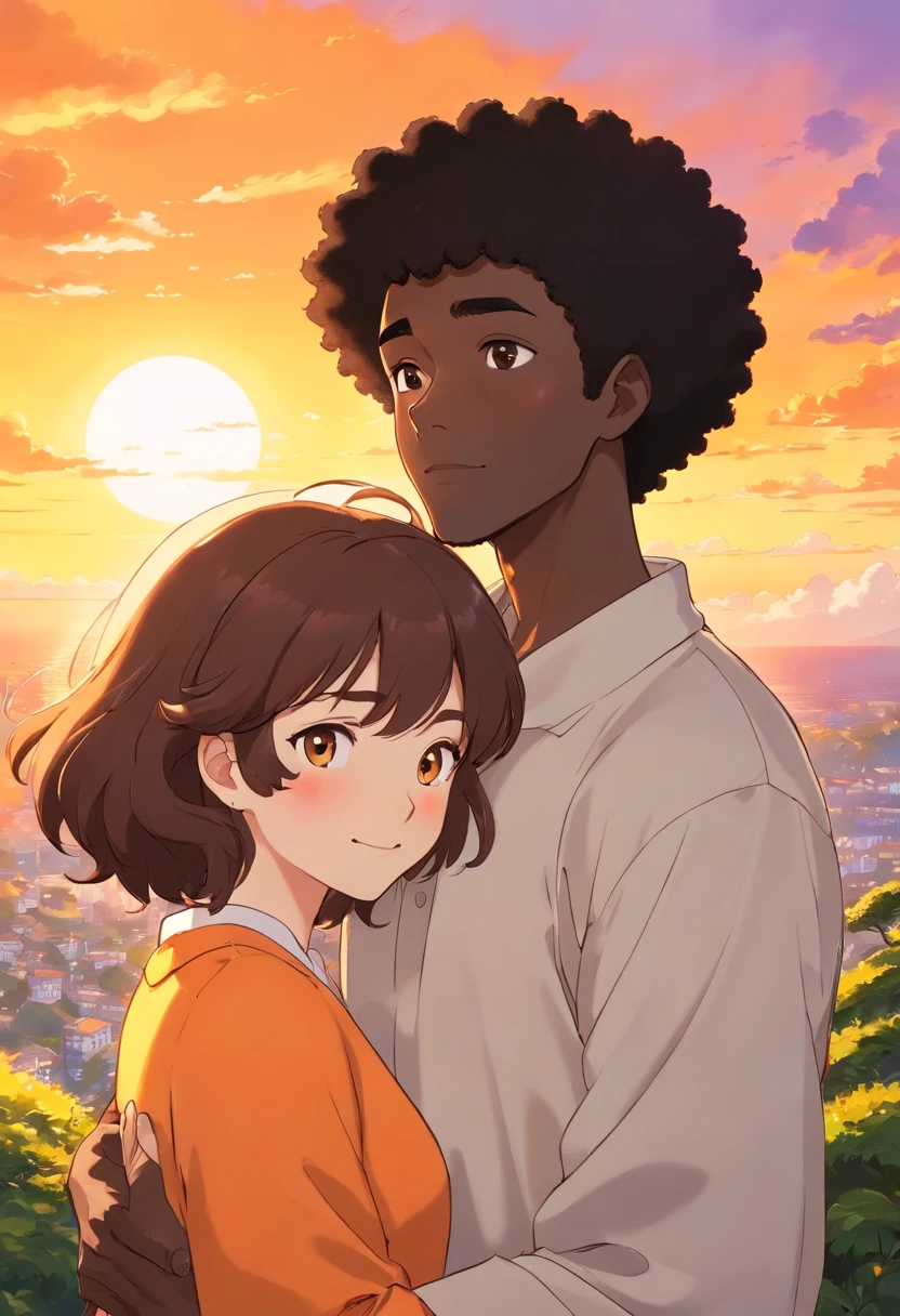 White brunette woman and black male with a small Afro embracing and smiling in front of a beautiful orange and yellow sunset while looking at the camera