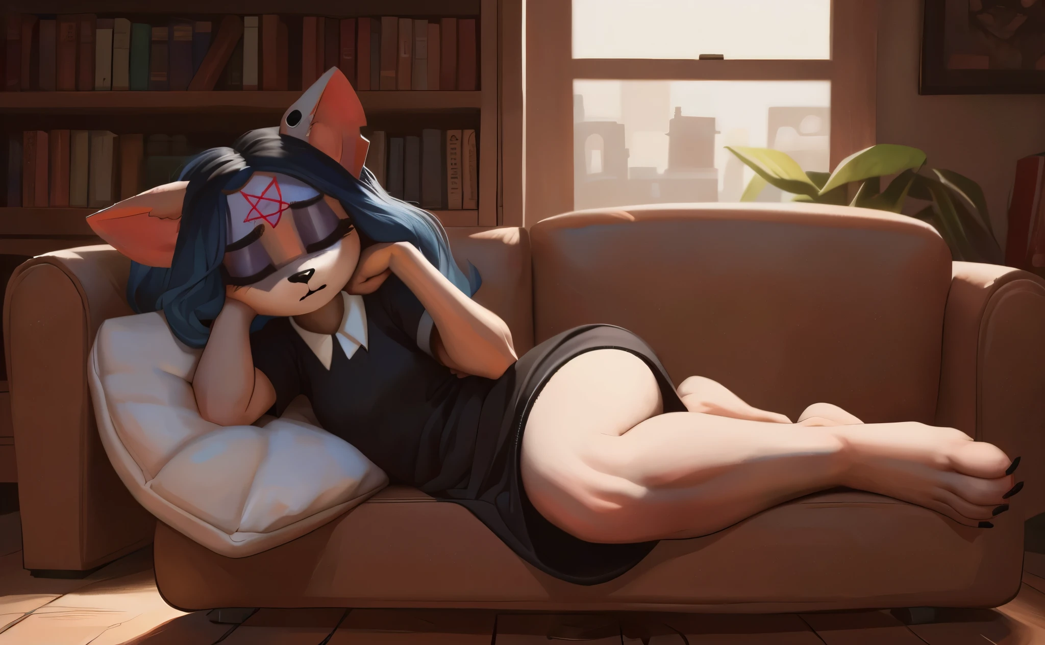 [Claire], [the summoning], [Uploaded to e621.net; (Pixelsketcher), (wamudraws)], ((masterpiece)), ((HD)), ((high res)), ((solo portrait)), ((full body)), ((front view)), ((furry; anthro)), ((detailed fur)), ((detailed soft shading)), ((beautiful render art)), {anthro; (slim figure), white fur, black nose, (cat ears), (cut on left ear), long blue hair, (bang over left eye), (pink pentagram on forehead), (both eyes closed), (short eyelashes), (indigo eyeshadow), (sharp black claws), (curvy hips), (beautiful legs), (beautiful feet), (blushing), (sleeping expression)}, {(short sleeve white-collared black dress)}, {(laying on couch), (crossed legs), (head on pillow), (sleeping)}, [background; (living room), (mahogany floor), (books), (bookshelf), (ambient lighting)]
