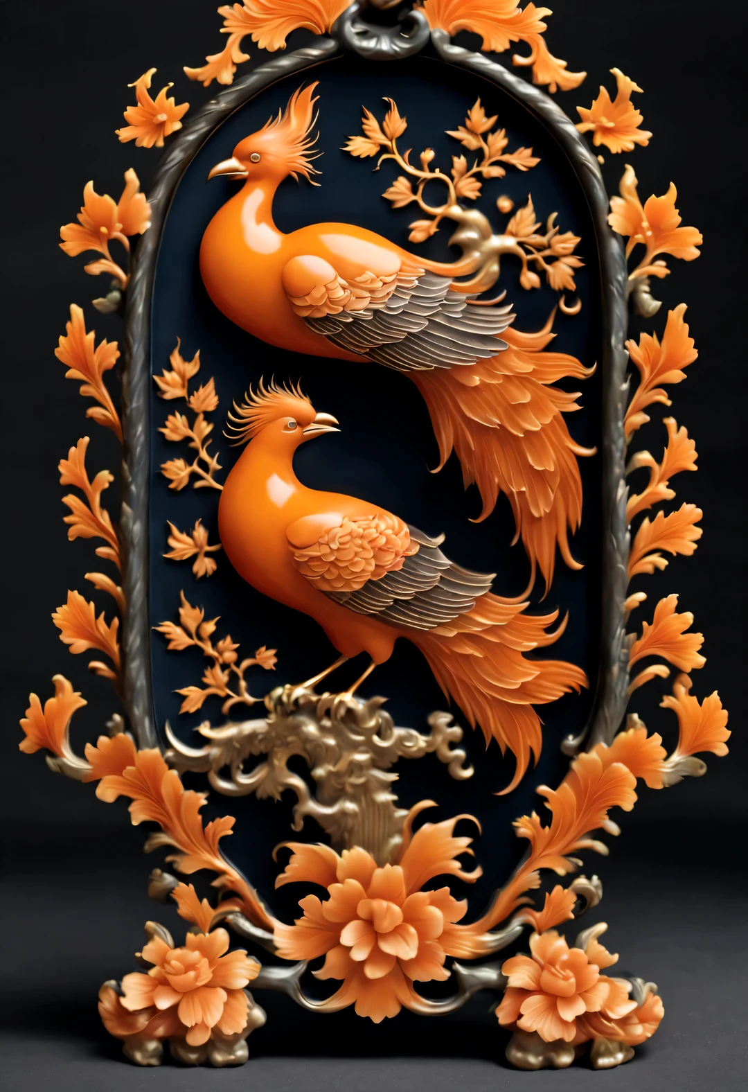 (Pumpkin carving phoenix peony food decoration on plate），background：black disk，（whole body），Chinese flower and bird landscape，Pavilion on the ground，16k，orange，console， and honest，Super complex craftsmanship and details，With auspicious patternlowers、Various decorative themes such as bird pressure yearning for happiness, longevity and wealth、Wish you good luck and peace，Exquisite and complex content，embody magnificence，
 close up, rotating, RococoStyle, classicism, chiaroscuro, depth of field, ultra high definition, masterpiece, precise, Super details, high detail, high quality, Award-winning, best quality, high resolution, 16k，