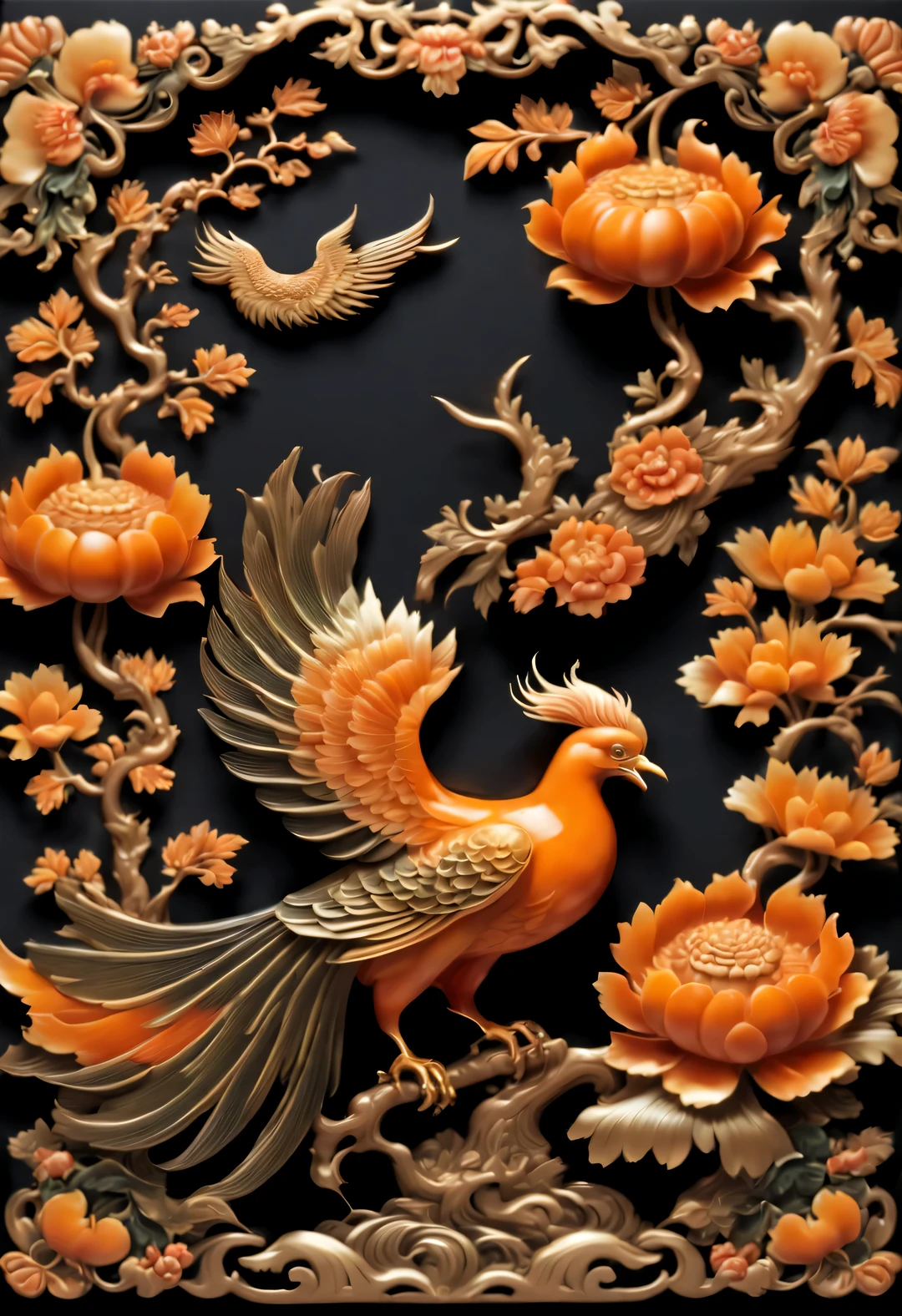 (Pumpkin carving phoenix peony food decoration on plate），background：black disk，（whole body），Chinese flower and bird landscape，Pavilion on the ground，16k，orange，console， and honest，Super complex craftsmanship and details，With auspicious patternlowers、Various decorative themes such as bird pressure yearning for happiness, longevity and wealth、Wish you good luck and peace，Exquisite and complex content，embody magnificence，
 close up, rotating, RococoStyle, classicism, chiaroscuro, depth of field, ultra high definition, masterpiece, precise, Super details, high detail, high quality, Award-winning, best quality, high resolution, 16k，