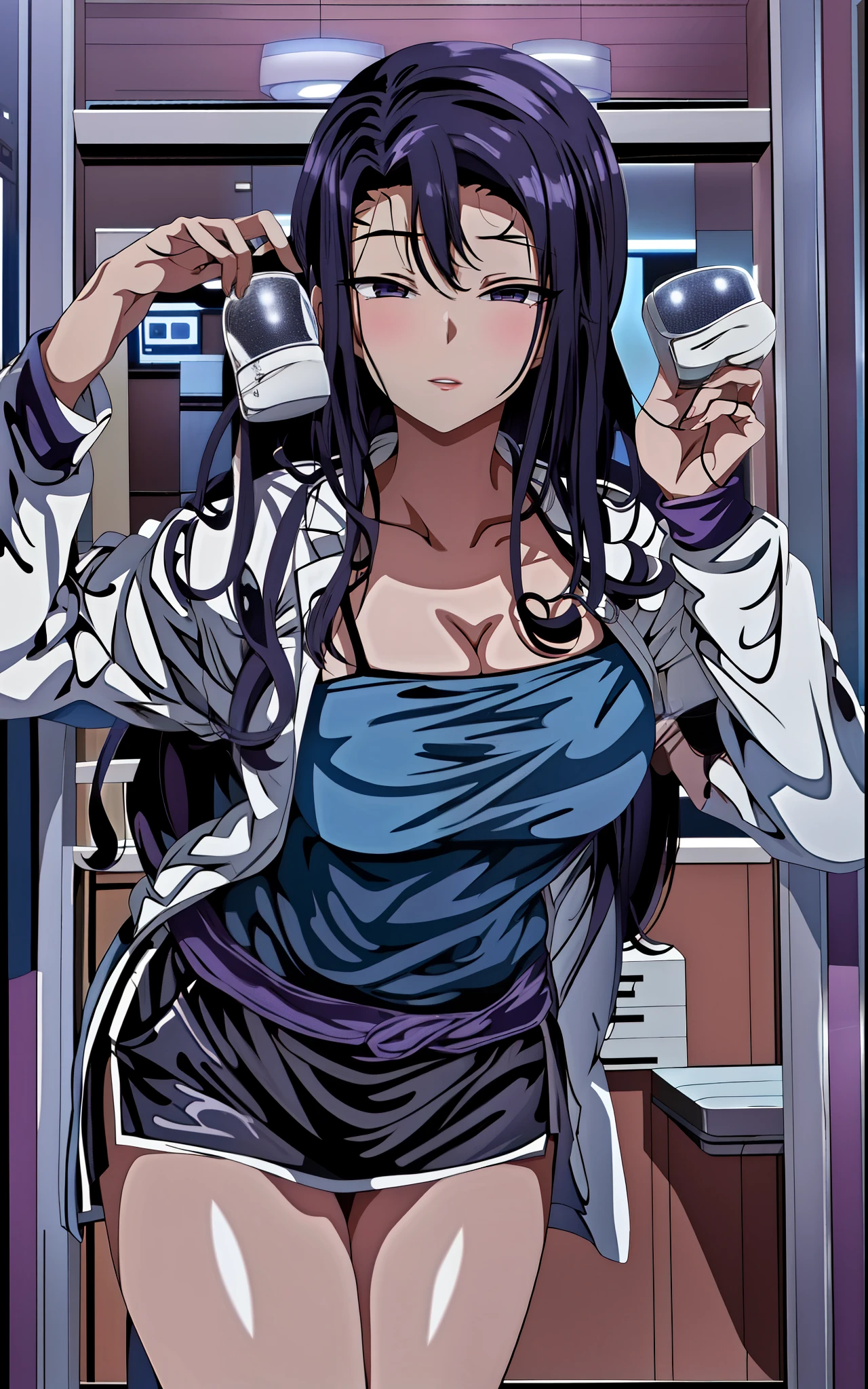 (natta:1.7), jpn, toyko, sickroom, Stand under the gaze,Dim lighting,Cool light, (nurse's outfit:1.3),cleavage, black_Hair,Long_Hair,Hair_Pulled_back