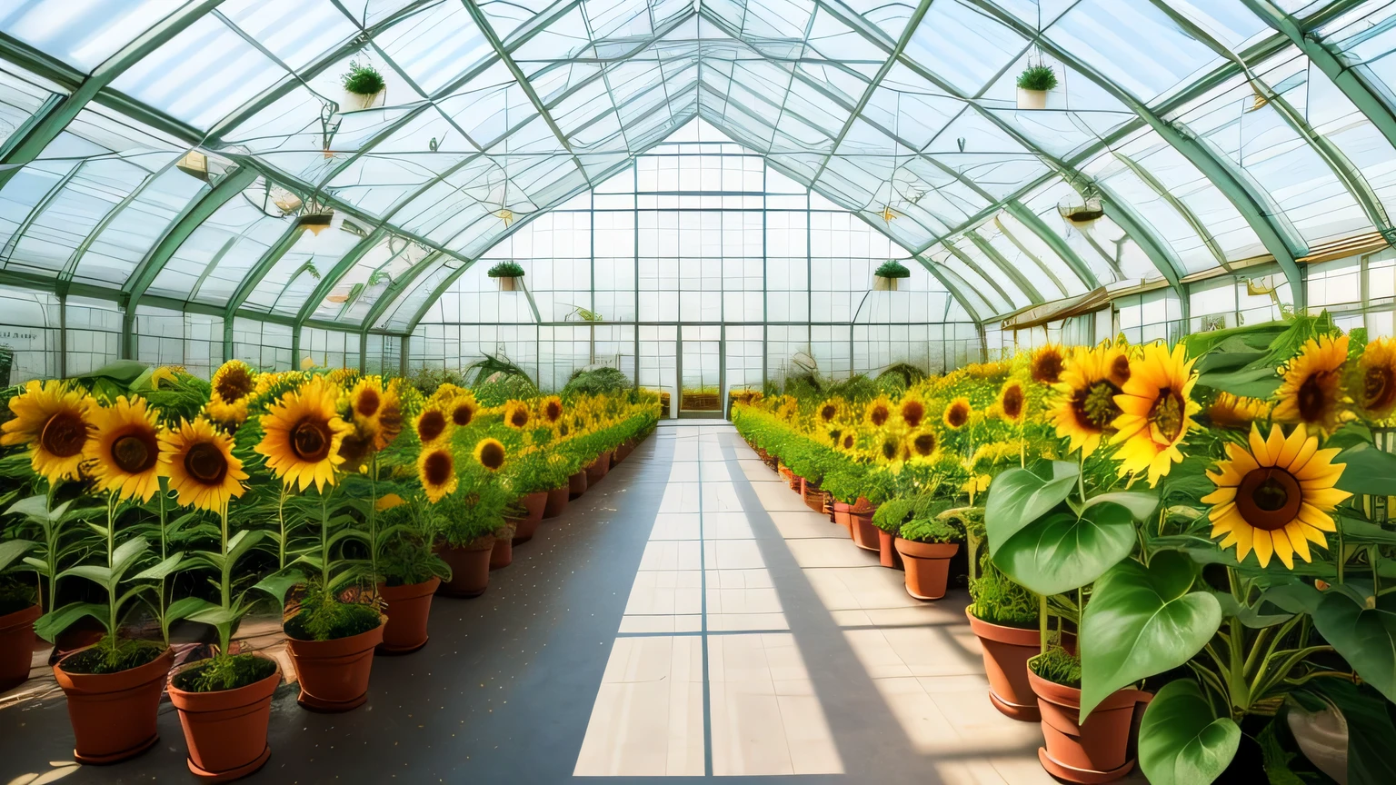 Photo realistic, 4K, 16;9 aspect ratio, wide aspect ratio, morning glory, sunny day, interior of glass greenhouse, long empty aisle, potted sunflowers on both sides of the aisle, high ceiling, potted sunflowers everywhere, empty