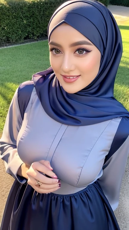 Masterpiece, realistic, best quality, best lighting, 1 pretty girl with angelic face, ((full body photo shot head to toe)), beautifully makeup, eyeshadow, Parted Lips, Detailed Eyes, beautiful big eyes, long eye lashes, smile, wearing ((Dark blue satin headscarf)), loosely tide hijab style, (navy plum dress), very big breast, cooking in the yard, seducing, sexy pose