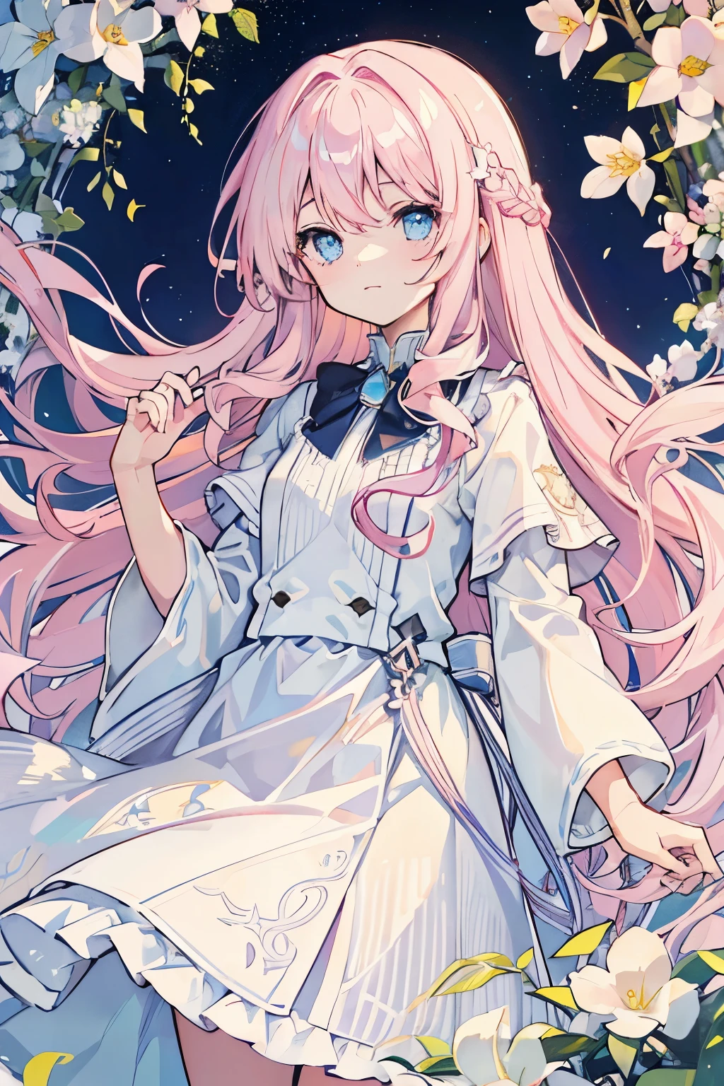 Long light pink slightly curly hair,light blue eyes fluffy curly hair,white skirt,Sea of flowers,Impression stars