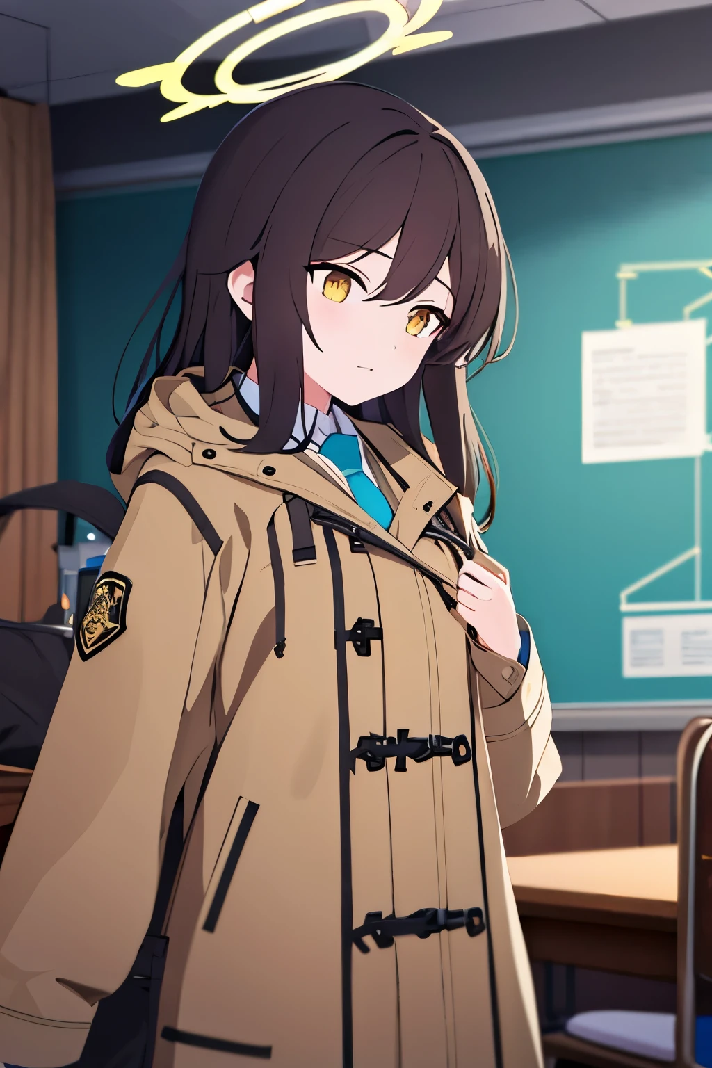 golden eyes,Long dark brown hair,halo,Brown hooded trench coat,no hat,blue tie,school shirt,picture,1 girl,In the room