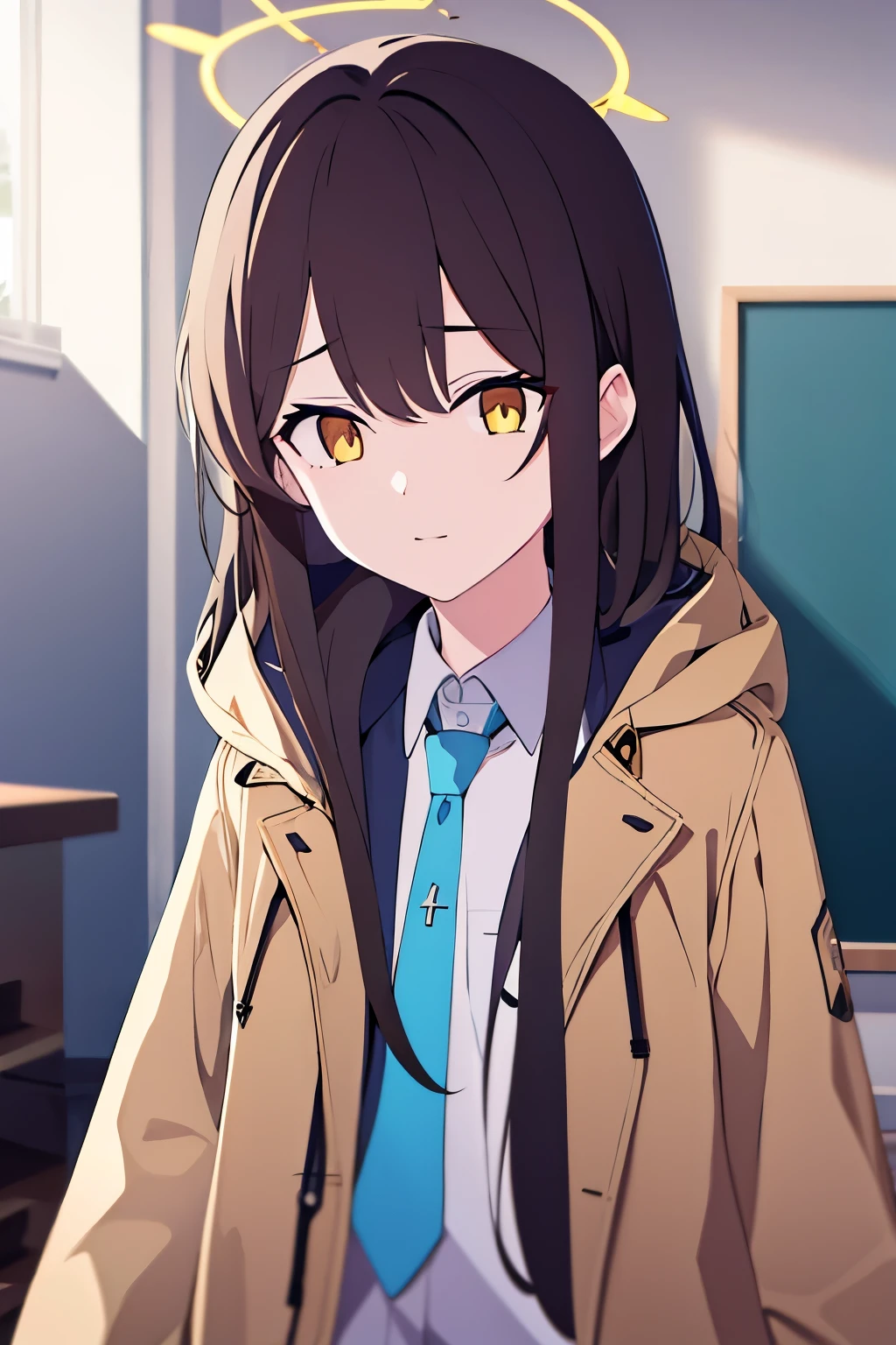golden eyes,Long dark brown hair,halo,Brown hooded trench coat,no hat,blue tie,school shirt,picture,1 girl,In the room