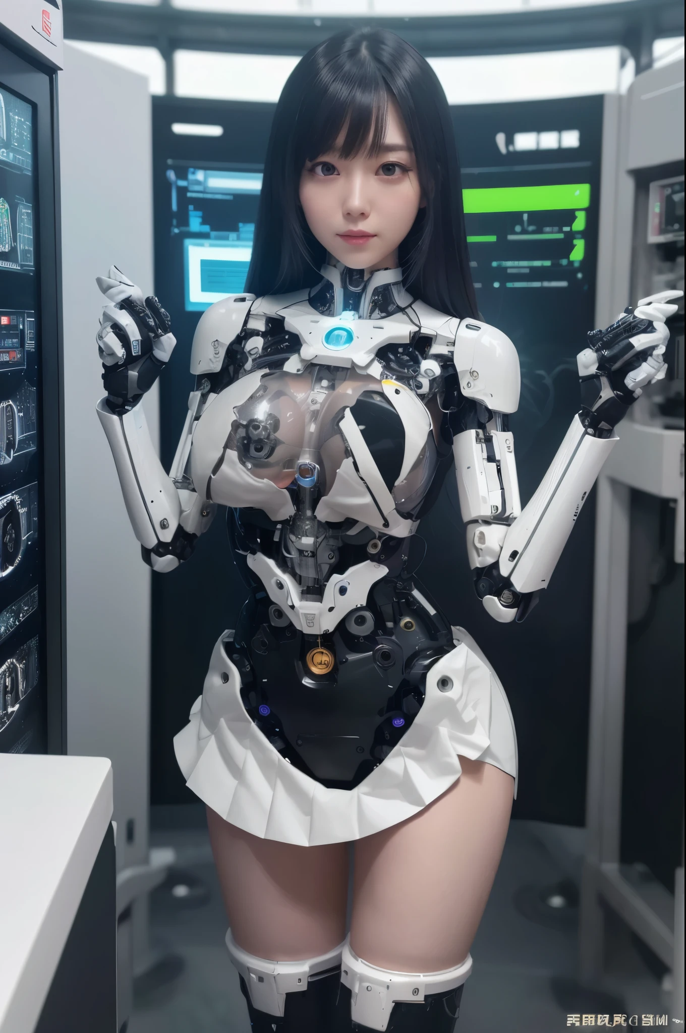 masterpiece, best quality, extremely detailed, hight resolution, 超A high resolution:1.1, (masutepiece, Realistic, Photorealsitic:1.1),8k portrait, Japaese android Girl,Plump,single eyelid,announcer,control panels,android,Droid,Mechanical Hand, Robot arms and legs, Black hair,Mechanical body,Blunt bangs,perfect mechanical abdomen,White robotics parts,perfect robot woman,cyberpank costume,She is powered by electricity,future laboratory,perfect plastic body,perfect mechanical body,black sponge joints,The removable cover is on the groin,The connection port is on the groin,opened chest panel,access panel on the chest,opened breast panel,perfect mechanical breast,machine body,white robot body,ceramic breast,perfect plastic breast,She has been assembled by robotarm,assembly plant,miniskirt,pleated skirt,boots,perfect future costume,perfect mechanical bodycover,separate booth,She has storaged in the booth,perfect machine body,perfect cyborg girl,