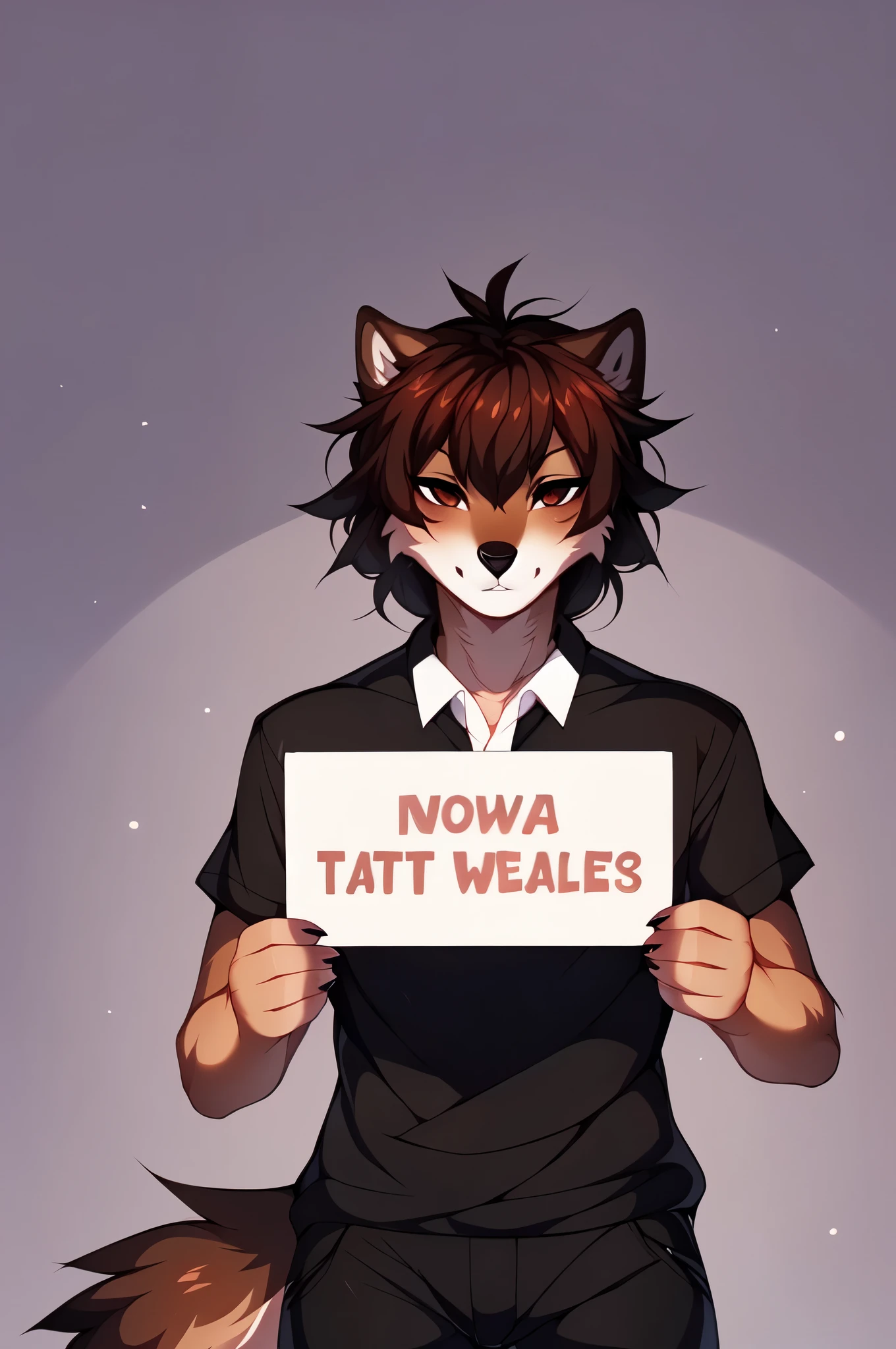 Jaiden, brown wolf male, short brown hair, brown eyes, brown wolf tail, by fumiko, by hyattlen, by hioshiru, by claweddrip, feminine, cute snout, black nose, wearing black pants, black loafers, white t shirt, holding a blank white sign, standing, no background
