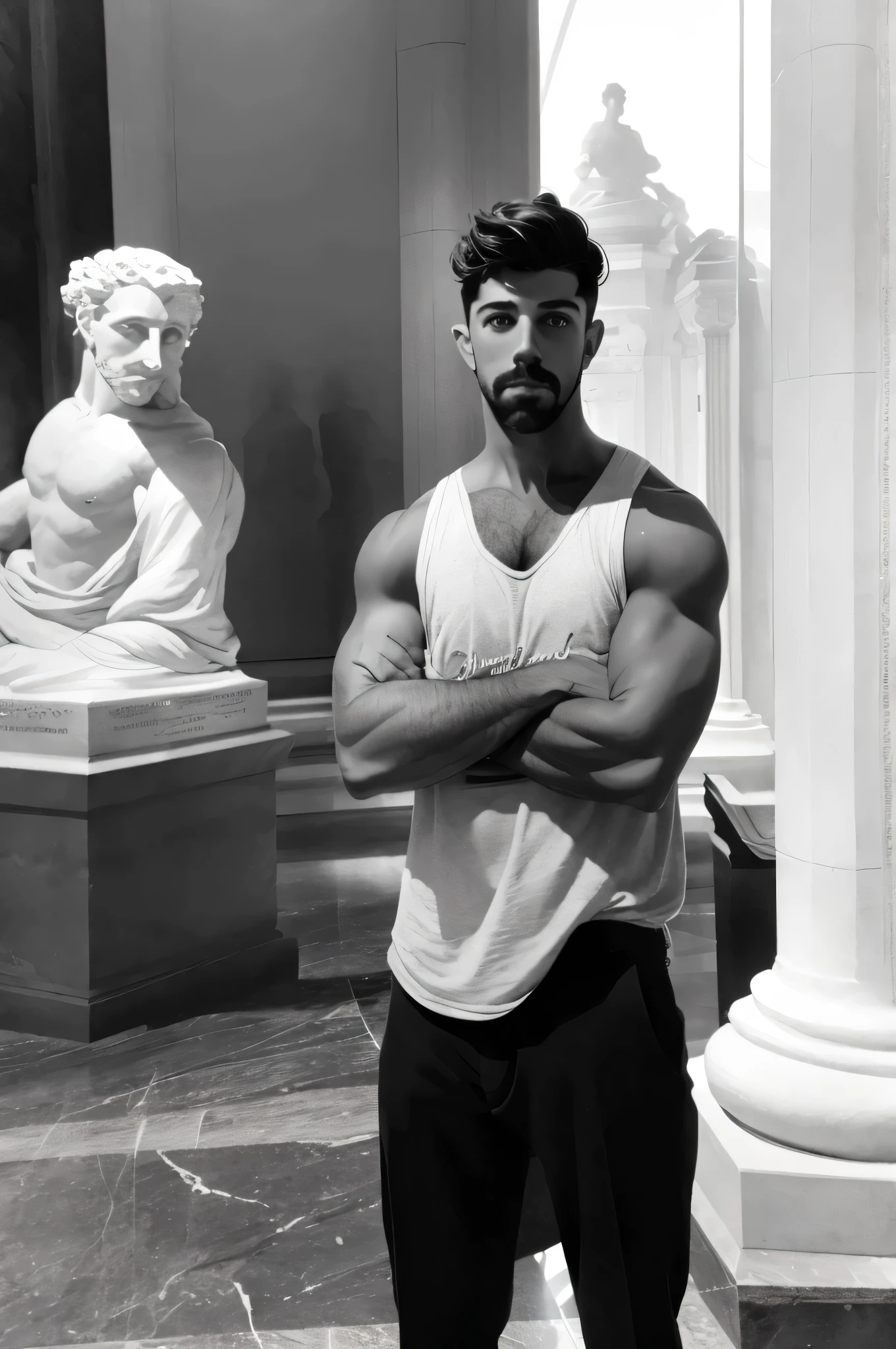faaris azura standing in front of a statue in a museum, faaris azura posing like a statue, faaris azura at a museum, in a museum, stoic pose, faaris azura at the museum, handsome faaris azura in museum