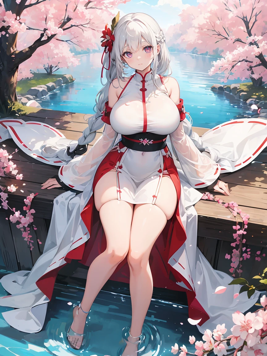 masterpiece, best quality, trending pixiv, perfect anatomy, perfect anatomy
, WET bodies, thin towel, revealing clothes, naked, pussy, shy, blush, look up , onsen, sakura,