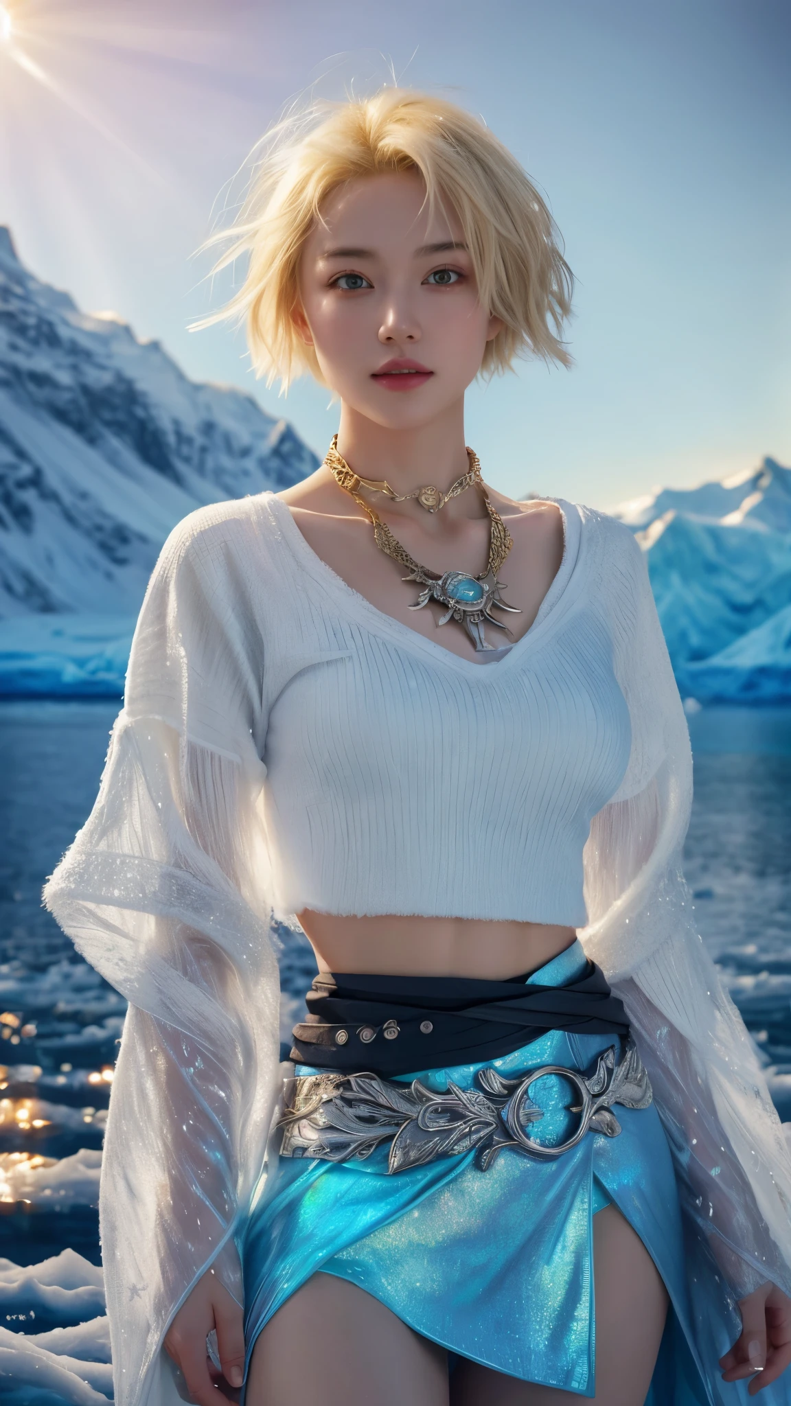 Beautiful 20 year old woman, Dreamlikeart, highly detailed airbrush art (((surreal)), intricate details, volumetric lightinasterpiece: 1.2), (best quality), 4K, ultra detailed, (dynamic composition: 1.4), highly detailed colorful details, (iridescent colors: 1.2), (bright lighting, atmospheric lighting), dreamy, magical, dynamic composition, ray tracing, specular lighting, shallow depth of field, crazy details, hyper-detailed, mixing exposure, HDR, Leader of rebellion on the Frozen Sea, the frozen warrior, strong northern vale atmosphere, crop shirt printed top, black belt skirt, abyssal necklace, main outfit color white, gold are the second color, cowboy shot, midshot, centered image, eye on camera, look at the viewer, front look, closer, blonde short hair, gorgeous hair, tiny chest