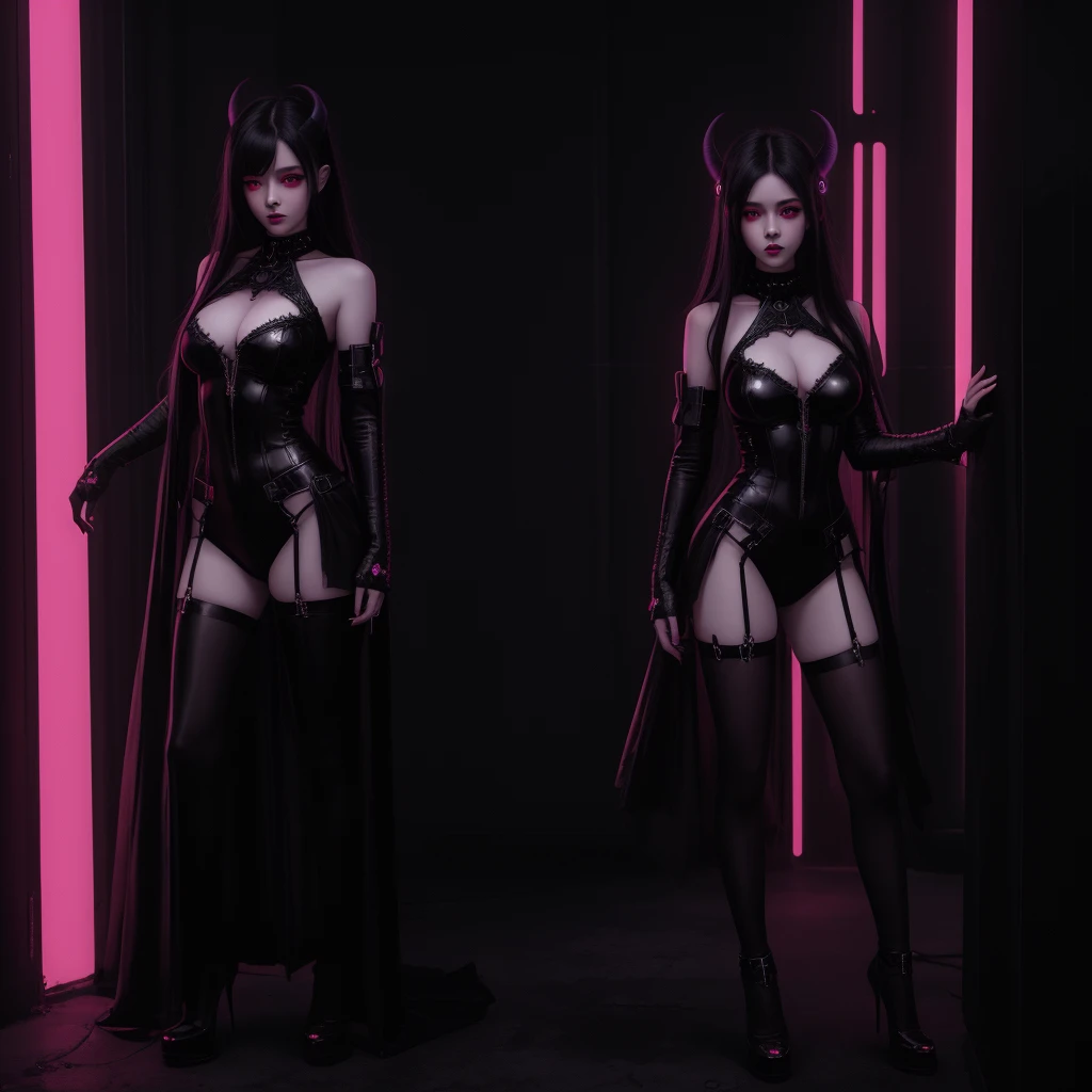 beautiful devil girl, digital painting, cyberpunk, dark fantasy, neon, black magic, big eyes, 8k, dark, cute, split, duality, full body, intricate background,
