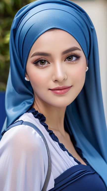 Masterpiece, realistic, best quality, best lighting, 1 pretty girl with angelic face, ((full body photo shot head to toe)), beautifully makeup, eyeshadow, Parted Lips, Detailed Eyes, beautiful big eyes, long eye lashes, smile, wearing ((Dark blue satin headscarf)), loosely tide hijab style, (mini tight skirt), very big breast, cooking in the yard, seducing, sexy pose