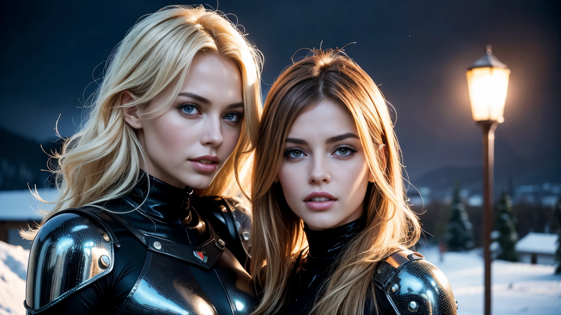 Two ultra hot gorgeous European women, age 23, one is blonde, the second is light auburn haired. they’re playmates, men magazine models. slim body. (((They’re having great fun toasting and laughing))). Wearing light cyberpunk armor. Covered breast.
They’re standing Outside In a snowy village, winter landscape, starry night, northern lights.
Perfect anatomy, perfect hair, perfect breast, perfect body, perfect hands, perfect face, UHD, retina, masterpiece, accurate, anatomically correct, textured skin, super detail, high details, high quality, award winning, best quality, highres, 16k, 8k,.