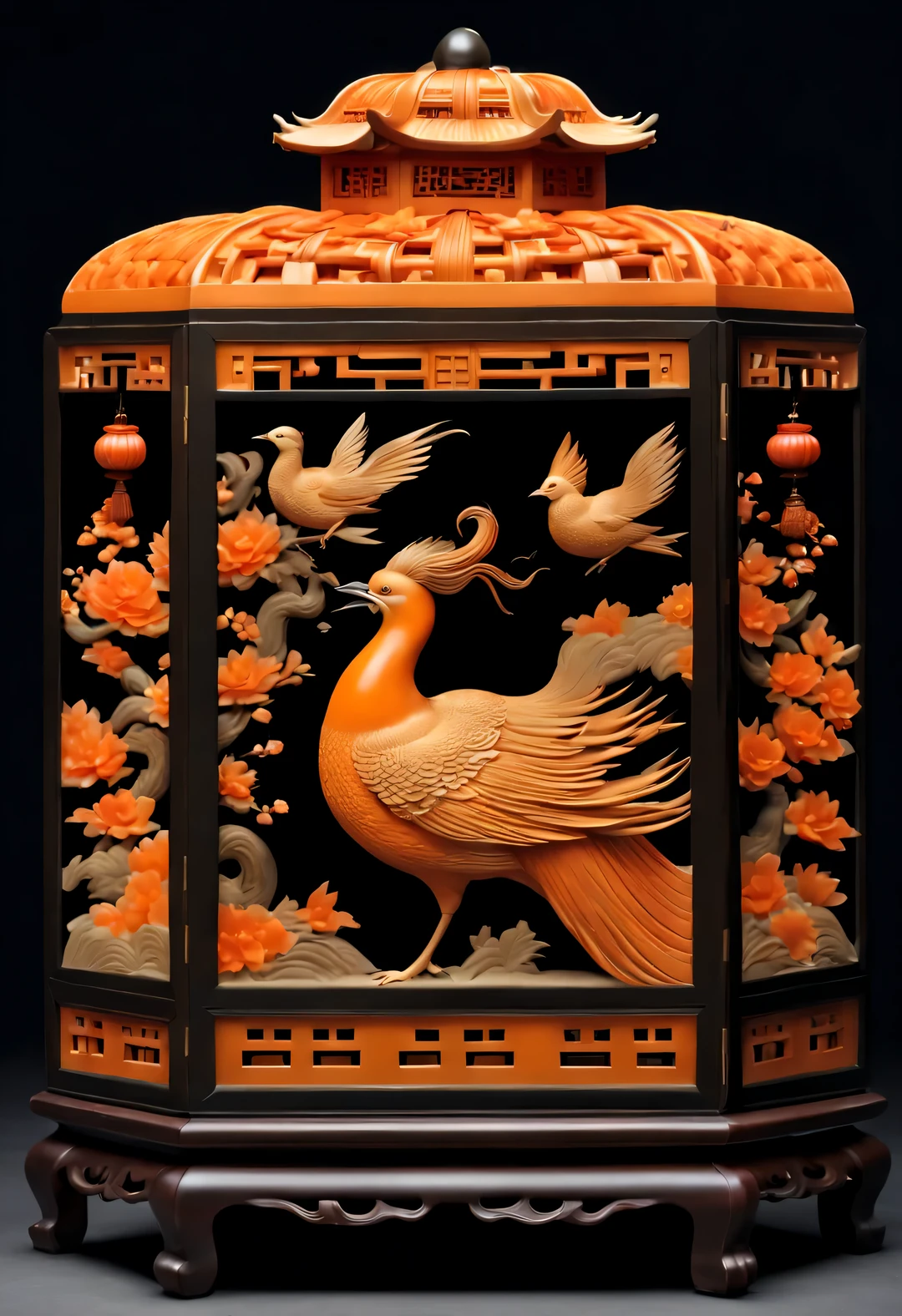 (Phoenix and peony ornaments carved from pumpkins on a plate：1.1），（whole body），Chinese flower and bird landscape，Pavilion on the ground，16k，orange，console， and honest，Super complex craftsmanship and details，With auspicious patternlowers、Various decorative themes such as bird pressure yearning for happiness, longevity and wealth、Wish you good luck and peace，Exquisite and complex content，embody magnificence，background：Black wooden table close-up, rotating, RococoStyle, classicism, chiaroscuro, depth of field, ultra high definition, masterpiece, precise, Super details, high detail, high quality, Award-winning, best quality, high resolution, 16k，