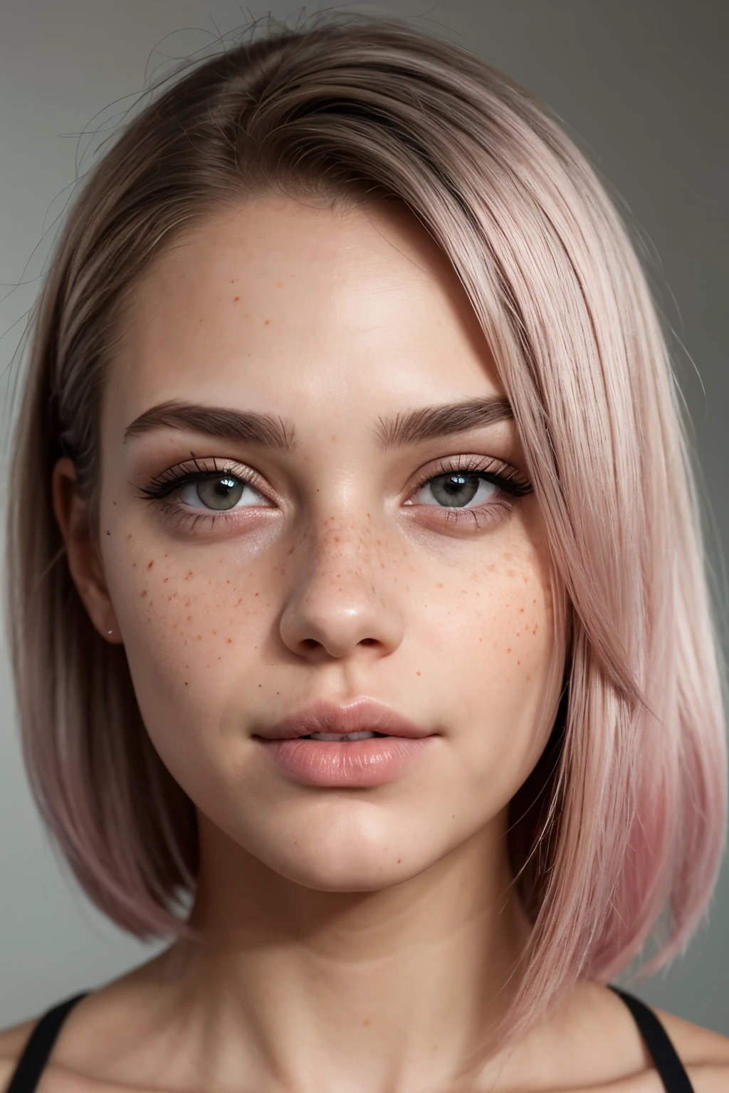Create the realistic face of a 23-year-old brunette woman, long, completely pink hair, gray eyes, freckles, high level of detail, very realistic, perfect, human, well-detailed eyes, no limit