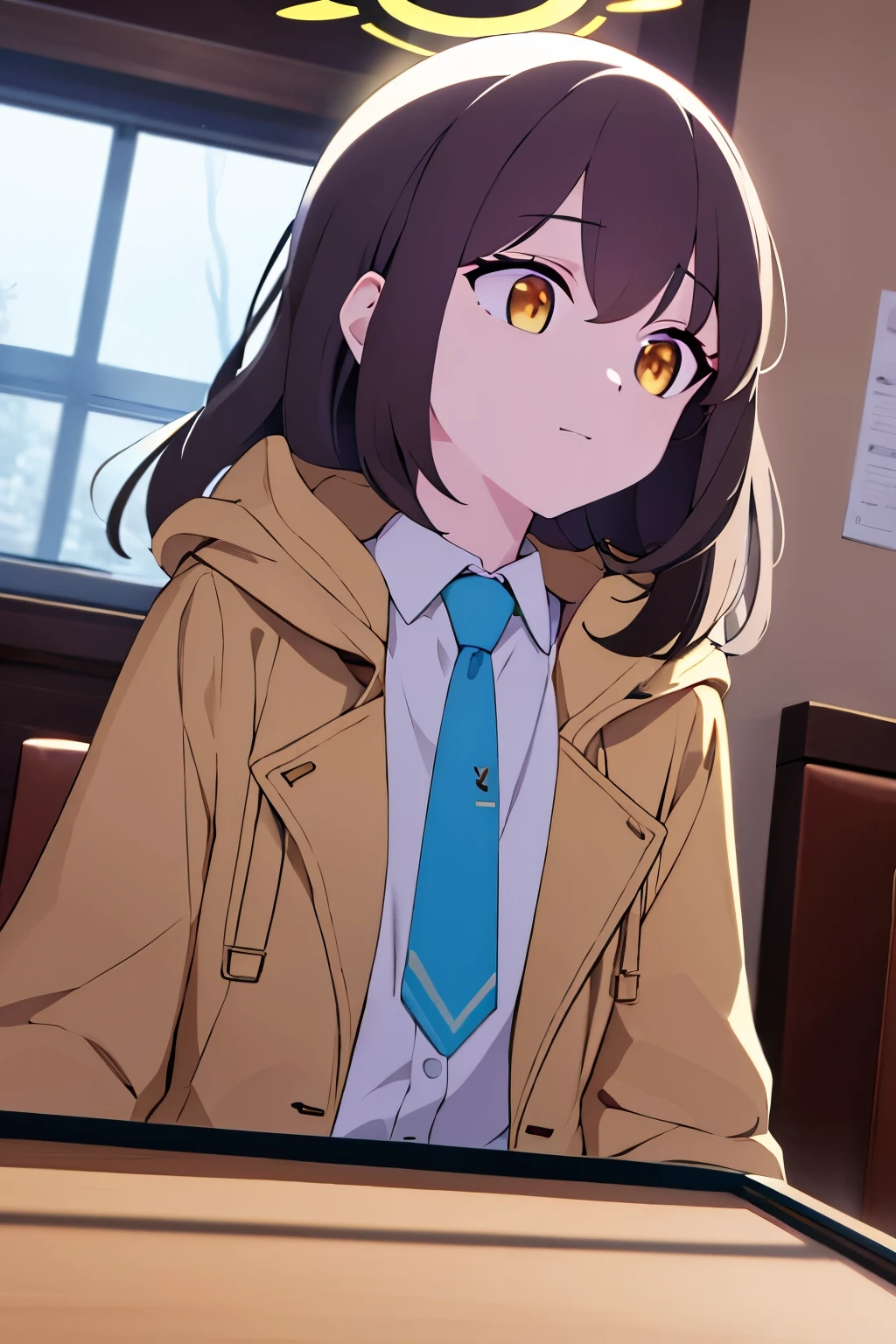 golden eyes,Long dark brown hair,halo,Brown hooded trench coat,no hat,blue tie,school shirt,picture,1 girl,In the room