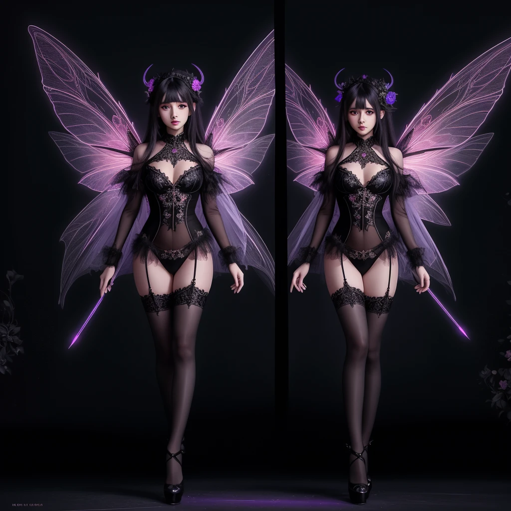beautiful fairy girl, digital painting, intricate gossamer wings, elaborate clothes, dark fantasy, neon, black magic, big eyes, 8k, dark, cute, split, duality, full body, intricate background,