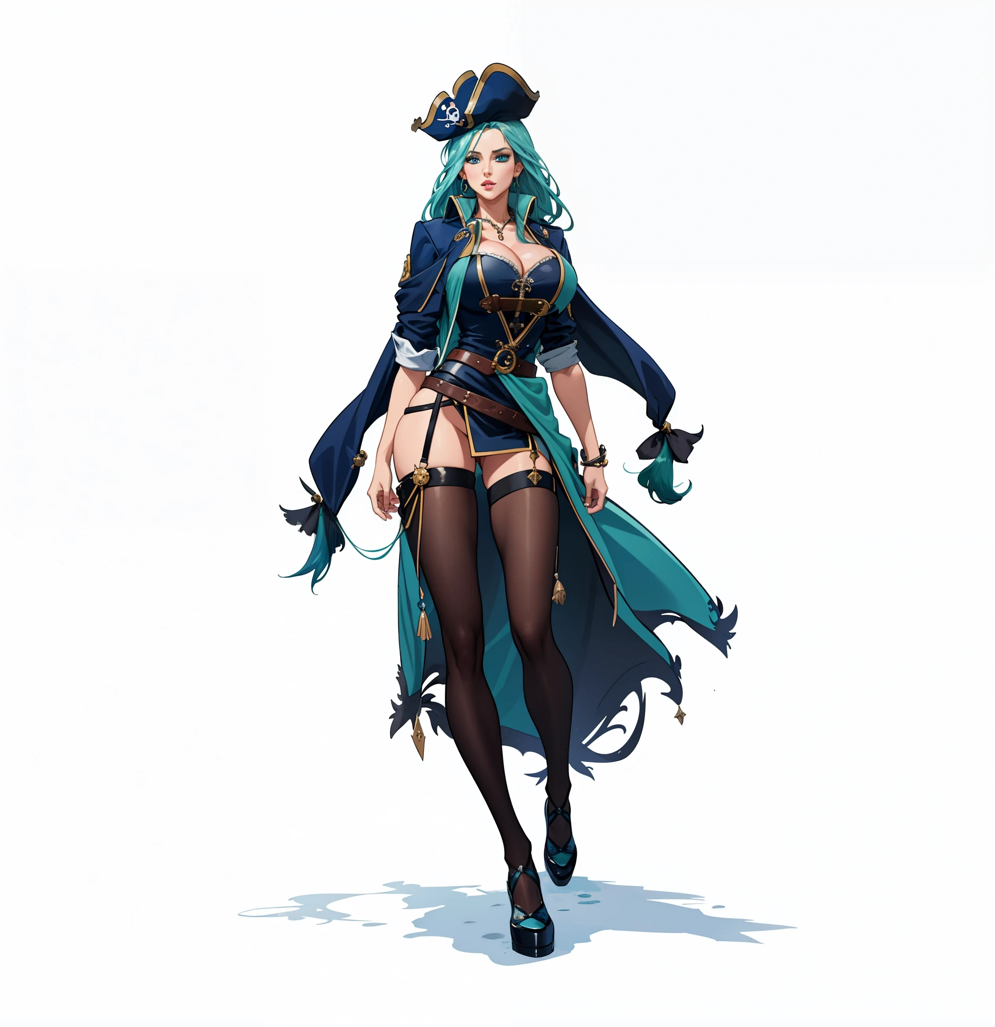 Big tits, shirt, 1girl, aqua hair color, fin ears, blue eyes, pirates coat, pirates hat, cleavage, intrincate details, detailed, masterpiece, best quality, 4K, Hdr, sea,