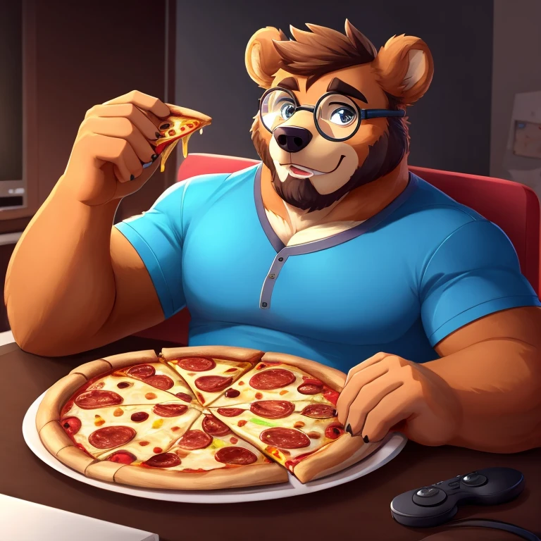 Anthro furry gamer male bear holding a plate of pizza with one left hand and eating a slice of pizza with his right hand, wearing round glasses, gigantic scale, dadcore,