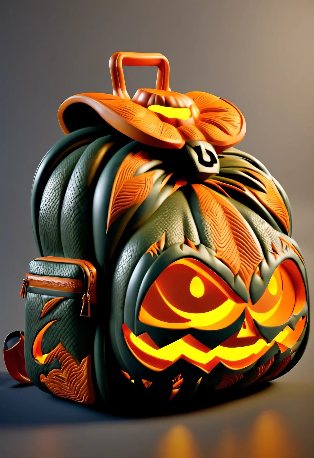 (product design），（pumpkin backpack），3d rendering，32k，HD，console， cutting，sculpture，Python，background： orange