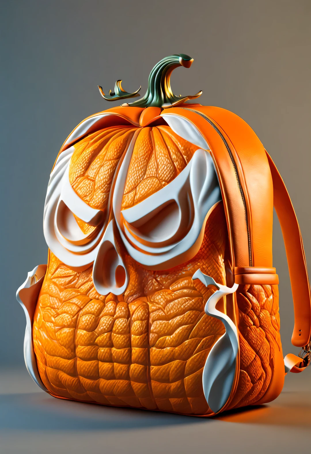 (product design），（pumpkin backpack），3d rendering，32k，HD，console， cutting，sculpture，Python，background： orange